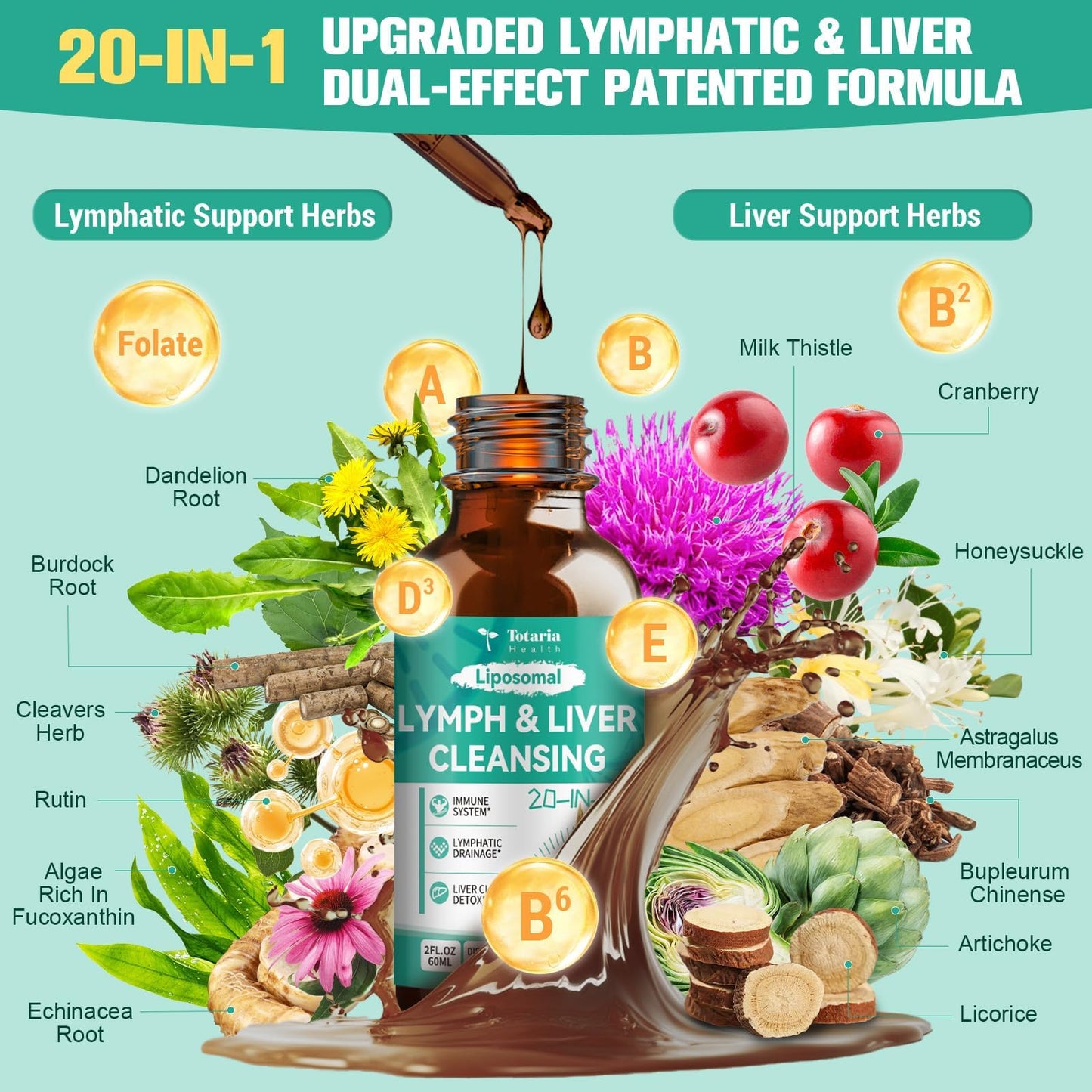Strongest ''Lymph-Liver'' Cleanse Detox, Liposomal Organic Milk Thistle, Echinacea, Artichoke Lymphatic Drainage & Liver Repair Supplement with All Vitamins, 2 Fl.Oz