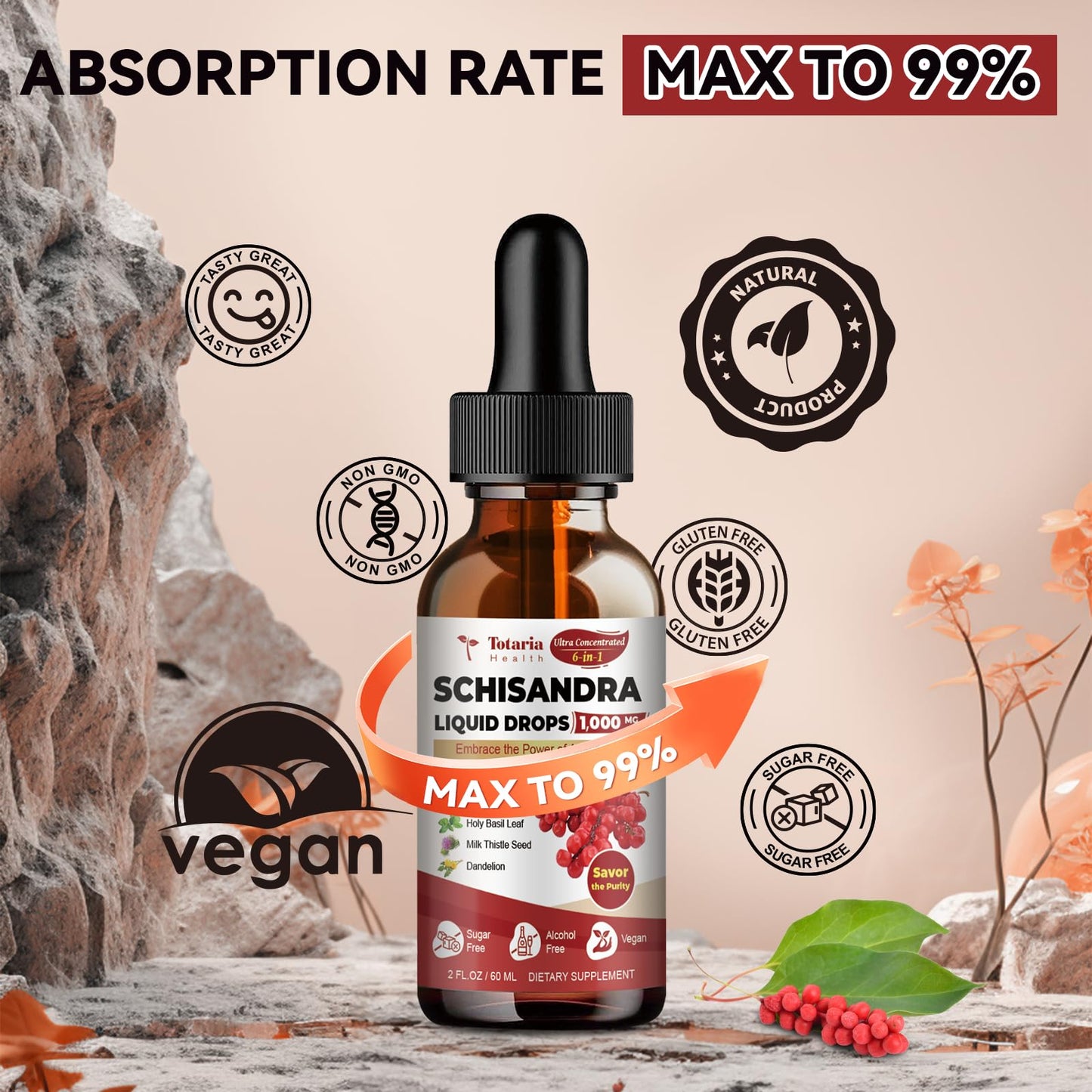 Schisandra Supplement 6-in-1 Schisandra Berry Drops with Rhodiola Rosea, Ashwagandha, Holy Basil, Milk Thistle, Dandelion Root Adaptogen for Mood Stress Liver Health 2Fl.Oz