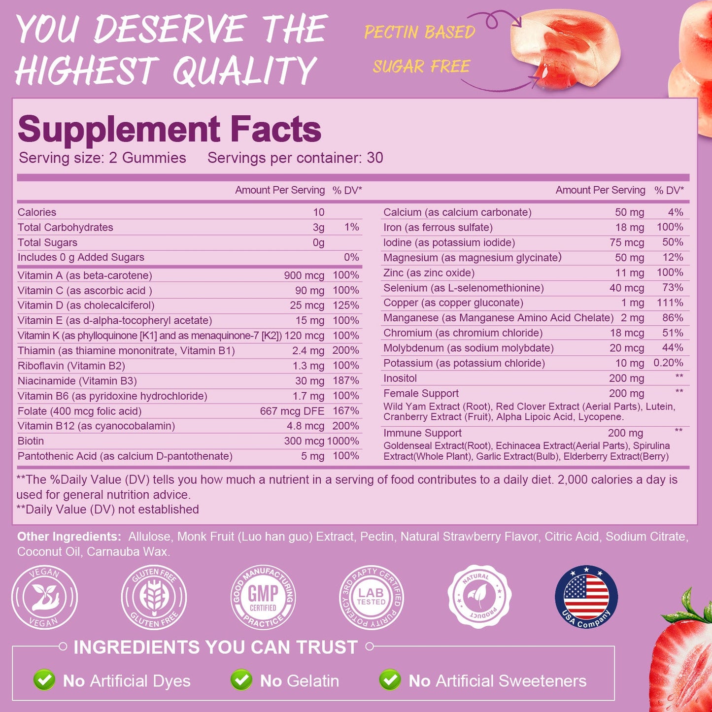 Totaria Sugar Free Multivitamin Gummies for Women 14+ w/Inositol, Iron, Folate, Biotin, Womens Daily Multivitamin Gummy w/Vitamin A, D, C, B, Support Hair, Skin, Energy, Immune, Strawberry Flavor