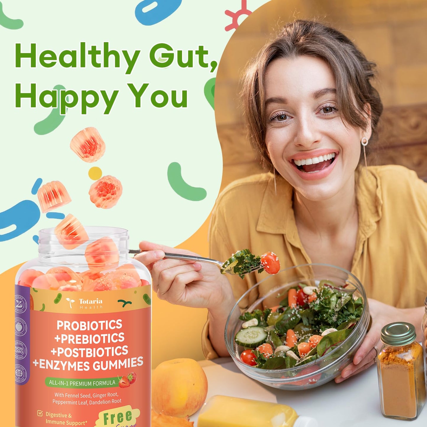 Sugar Free 5-in-1 Probiotic Prebiotic Postbiotic Gummy, Probiotics for Women Men with Digestive Enzymes, Peppermint, Complete Immune, Gut & Digestive Support, Vegan, 60 Cts, Strawberry Flavor