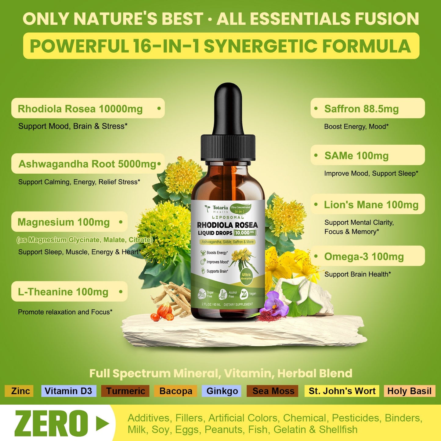Liposomal Rhodiola Rosea Tincture, Ultra Strength Rhodiola Supplement with Ashwagandha, Saffron, Magnesium, SAM-e, Rhodiola Rosea Extract Liquid Drops for Natural Relaxation, Mood, Energy
