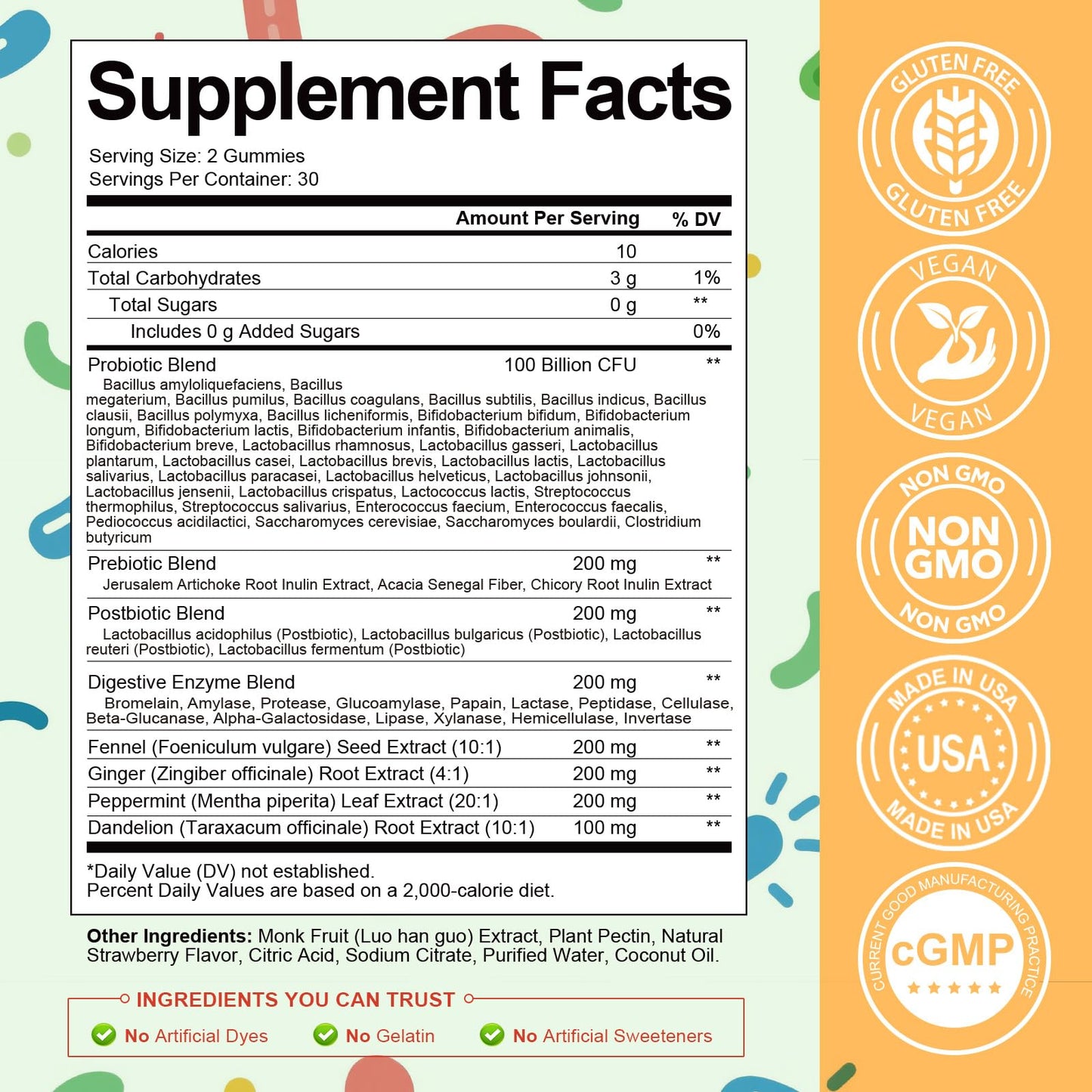 Sugar Free 5-in-1 Probiotic Prebiotic Postbiotic Gummy, Probiotics for Women Men with Digestive Enzymes, Peppermint, Complete Immune, Gut & Digestive Support, Vegan, 60 Cts, Strawberry Flavor