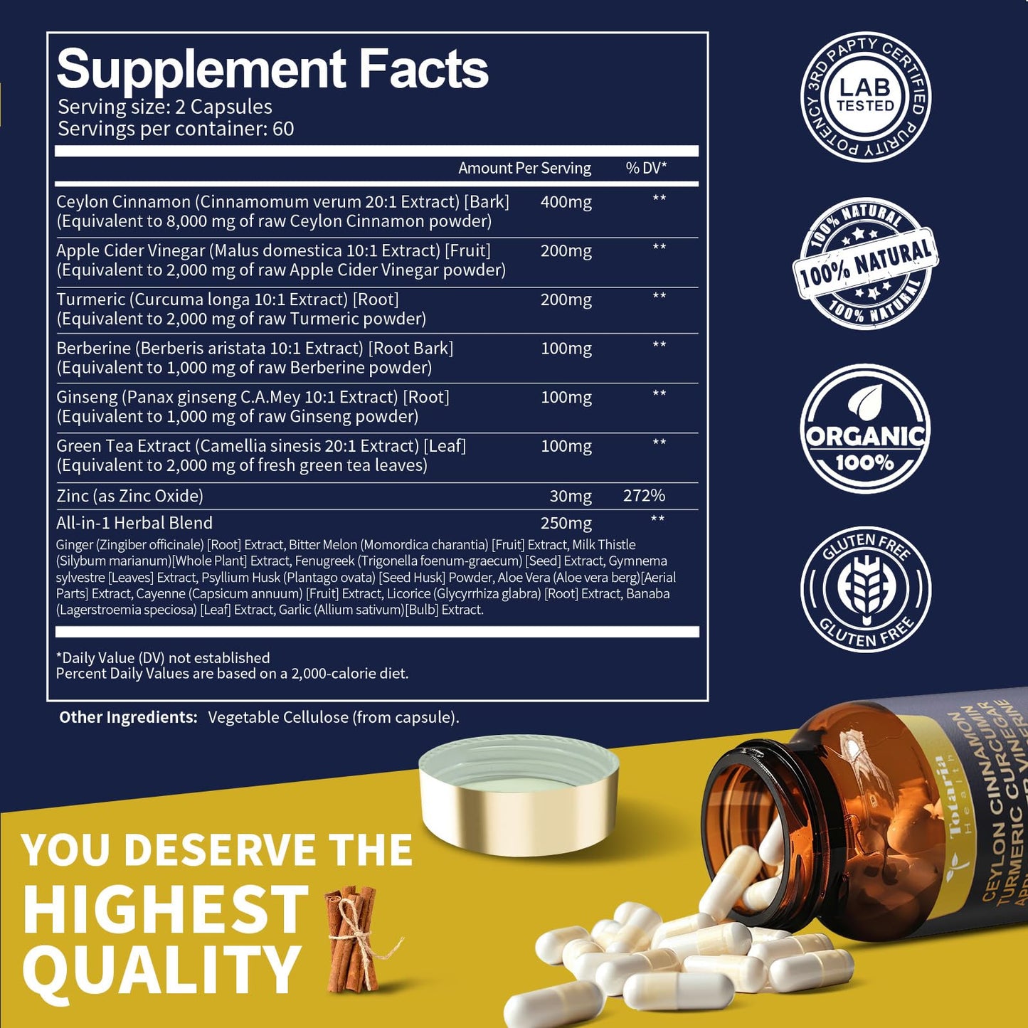 18-in-1 Ceylon Cinnamon Capsules 8000mg, Ultra Strength Ceylon Cinnamon Supplement w/ Apple Cider Vinegar Bitter Melon Turmeric Berberine, Vegan Capsules for Gut, Metabolism & Heart,120 Caps