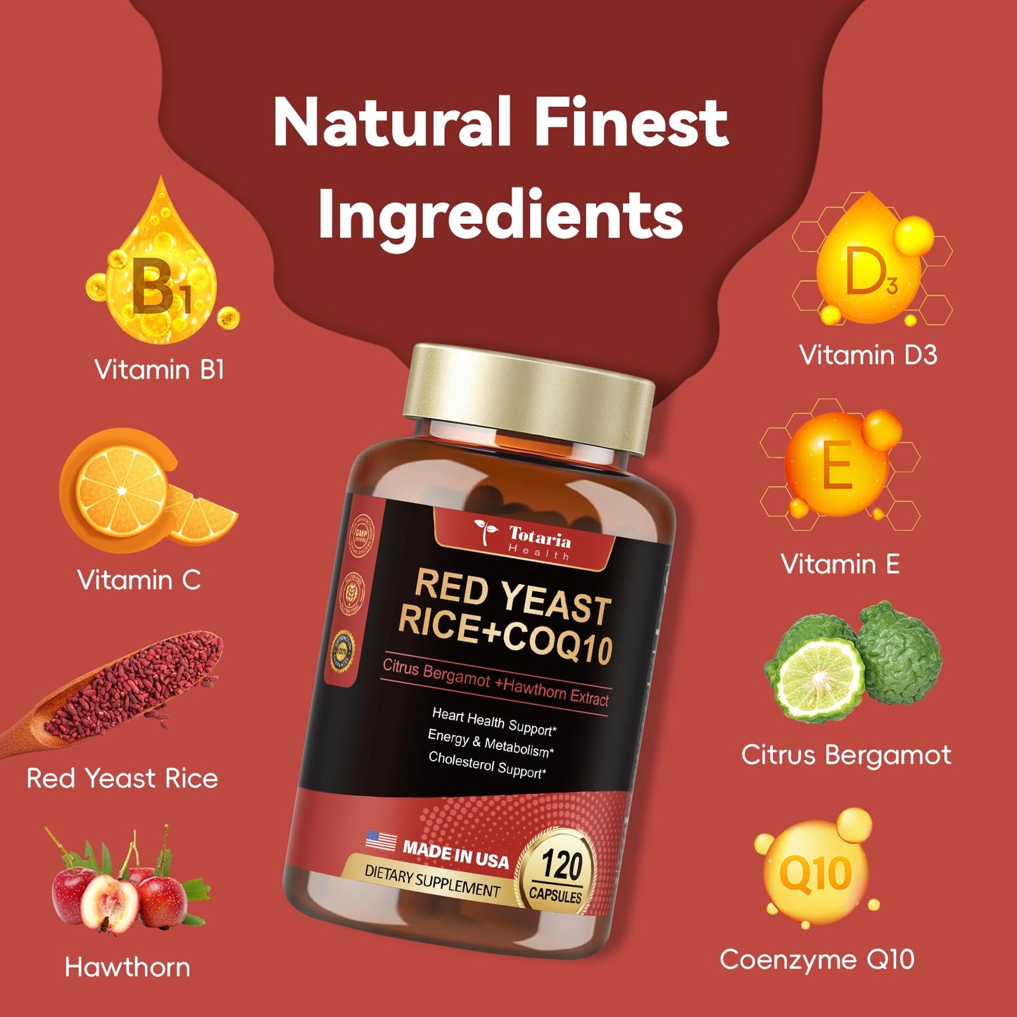 Red Yeast Rice with CoQ10 Supplement - Max Strength Red Yeast Rice 2,000 mg Capsules with CoQ10 100mg Plus Citrus Bergamot - Niacin-Free, Cholesterol & Energy Supplement 3rd-Party Tested Vegan Non-GMO
