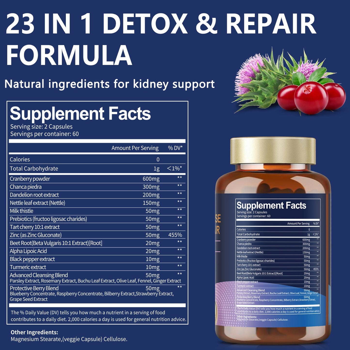 Kidney Cleanse Detox & Repair Capsules 120 Counts, 23 IN 1 Kidney Support Supplement Extra Strength with Chanca Piedra, Cranberry Supports Liver & Kidney Function Stone Breaker Dissolve Bladder Health