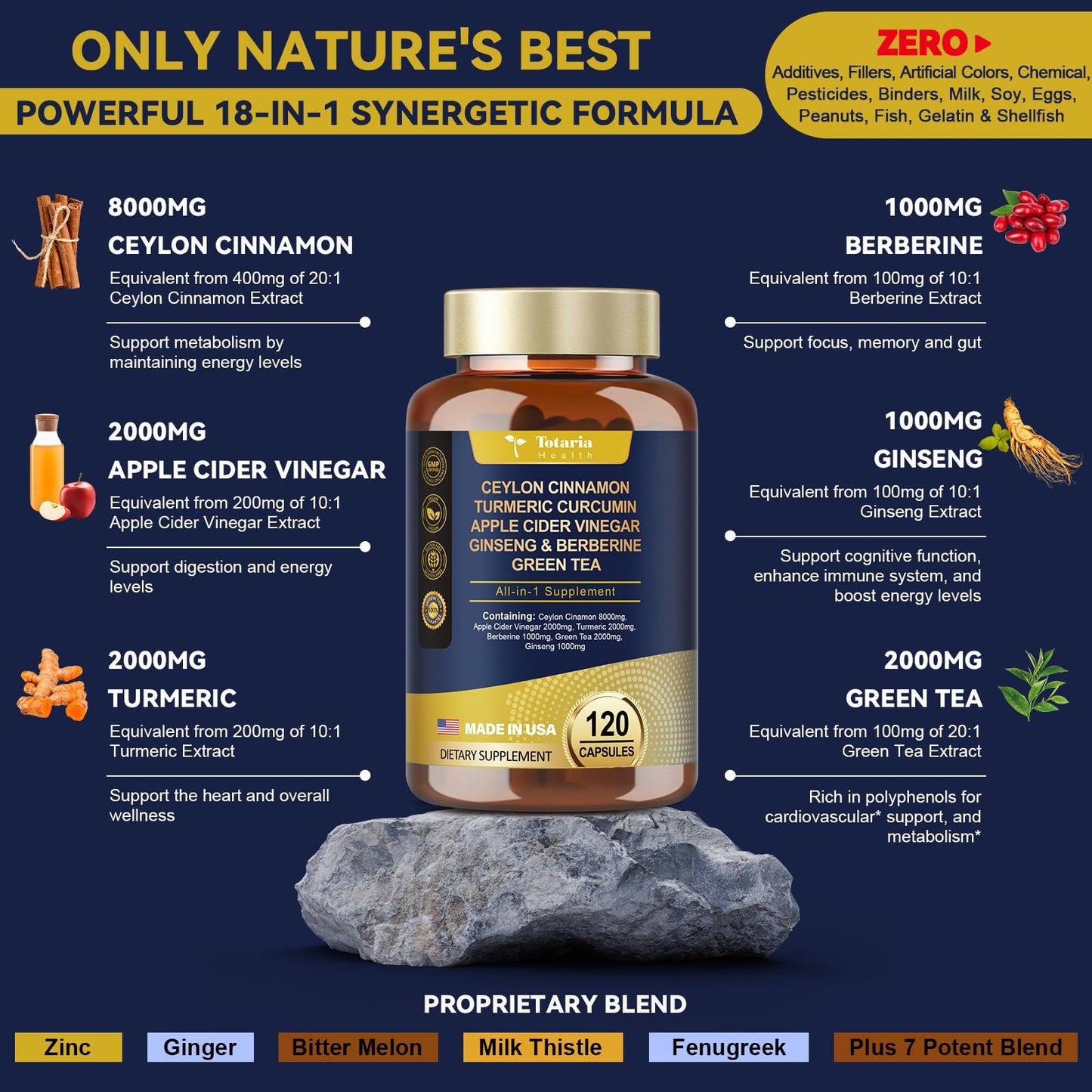 18-in-1 Ceylon Cinnamon Capsules 8000mg, Ultra Strength Ceylon Cinnamon Supplement w/ Apple Cider Vinegar Bitter Melon Turmeric Berberine, Vegan Capsules for Gut, Metabolism & Heart,120 Caps