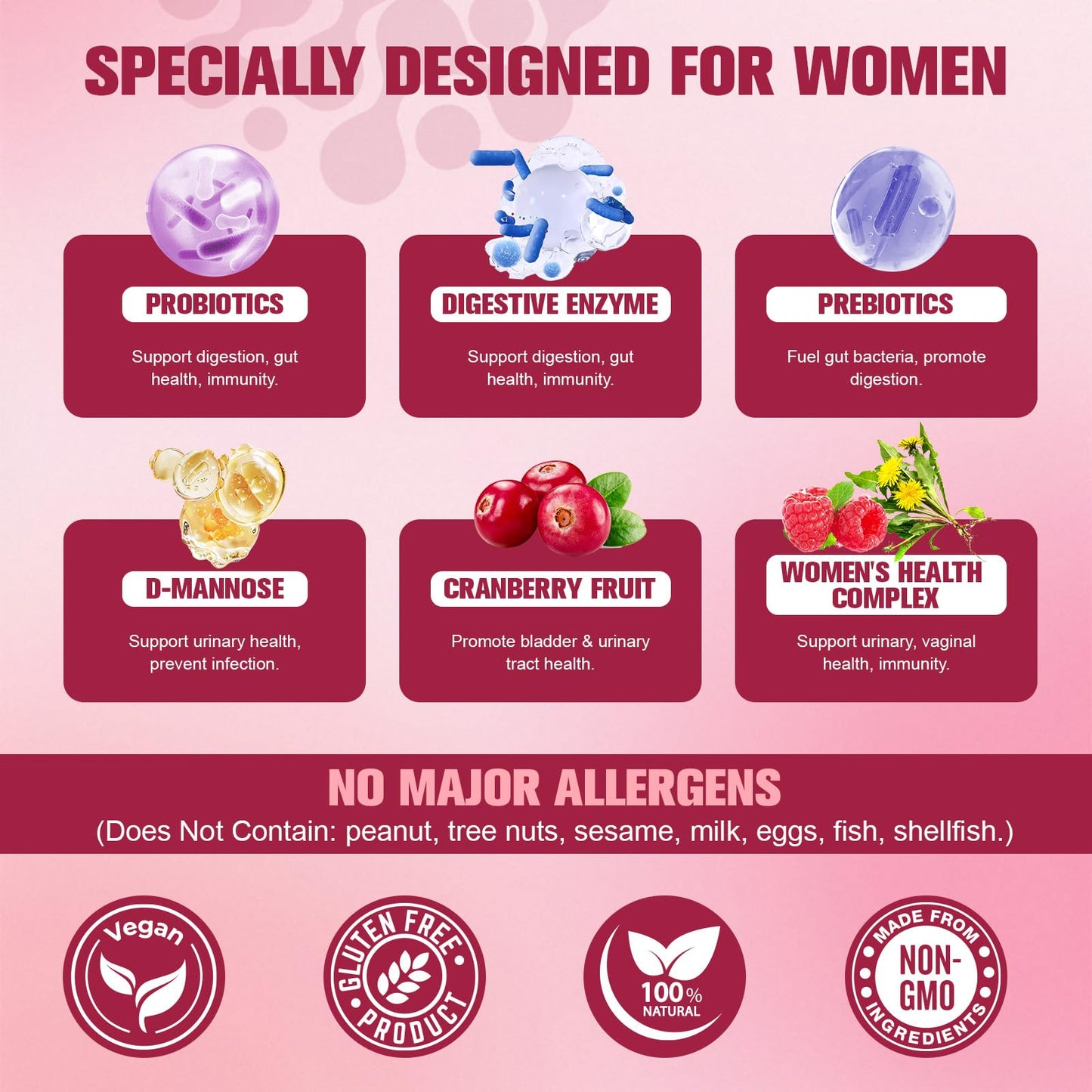 Probiotics for Women, 120 Billion Women Probiotic, Digestive Enzymes & Prebiotics, with Akkermansia, Cranberry, D-Mannose, for Gut, Vaginal, Urinary, Immune, PH Balance, 120 Vegan