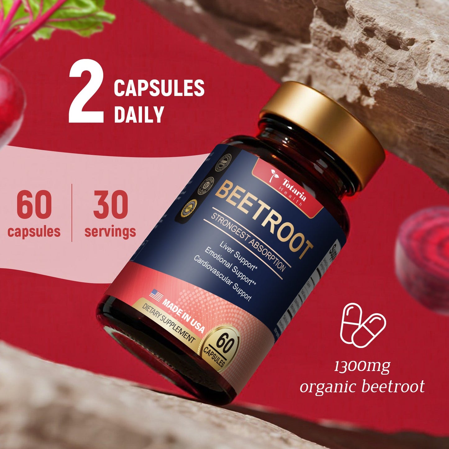 Organic Beet Root Capsules – 1300mg Beetroot Powder for Natural Energy & Endurance, Liver, Mood & Heart Support, Non-GMO, GMP Certified, High Absorption | 60 Vegan Capsules