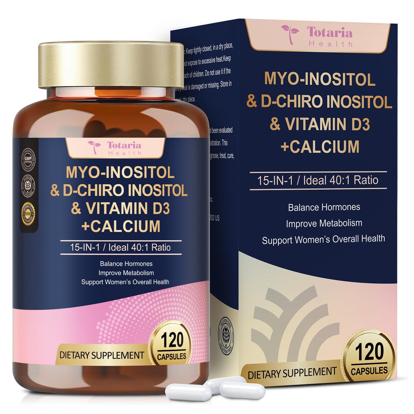 Myo-Inositol & D-Chiro Inositol for Women, 2050 mg inositol Supplement w/DIM, Ashwagandha, Folate, Vitamin D, Calcium, Ideal 40:1 Ratio, for Hormone Balance, Ovarian Function*, Overall Health, 120 Ct