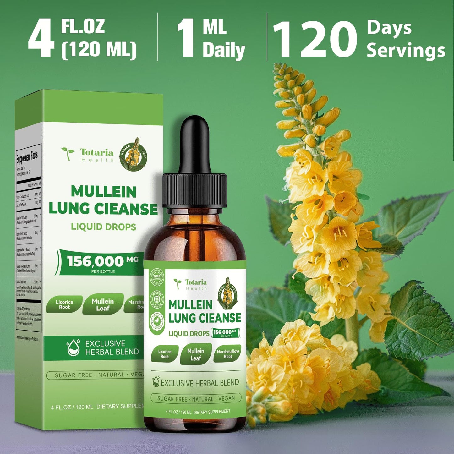 16-in-1 Mullein Drops for Lungs with 16000MG Mullein Leaf per Serving, High Potency Mullein Drops with Licorice Root, Marshmallow Root for Lungs, Respiratory and Immune Wellness, 4 FL.OZ