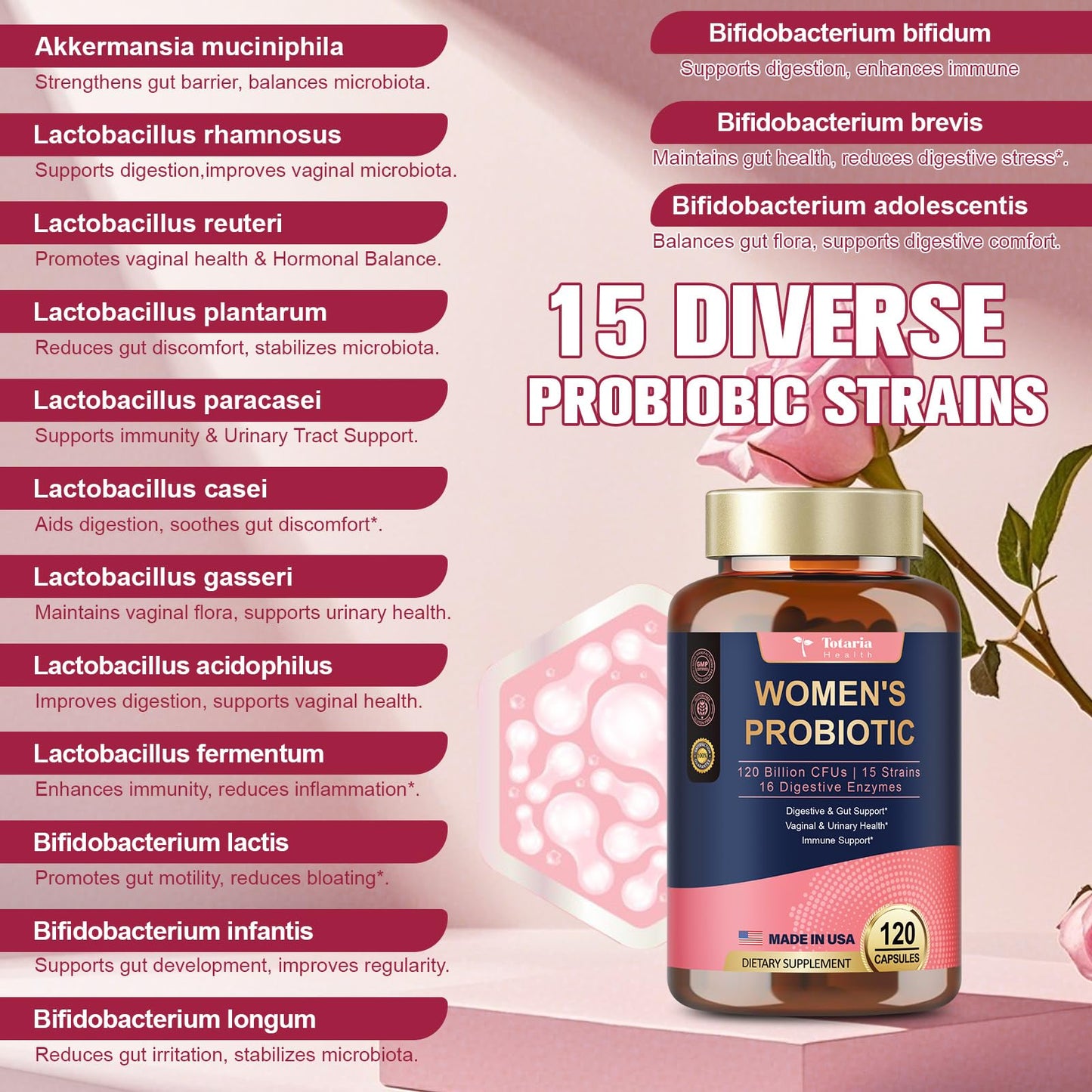 Probiotics for Women, 120 Billion Women Probiotic, Digestive Enzymes & Prebiotics, with Akkermansia, Cranberry, D-Mannose, for Gut, Vaginal, Urinary, Immune, PH Balance, 120 Vegan