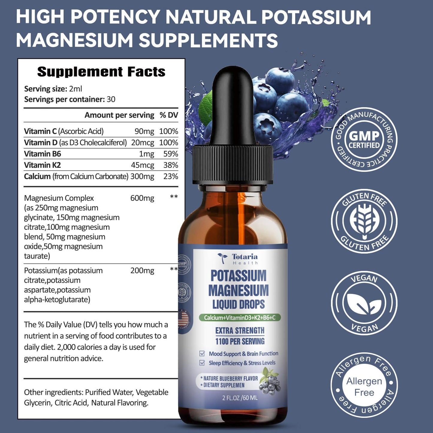 Potassium Magnesium Supplement Liquid Drops - Potassium 200mg & 600mg Triple Complex Magnesium Glycinate Liquid Citrate Oil High Absorption Potasio Support Bone, Muscle, Leg Cramps, Blueberry