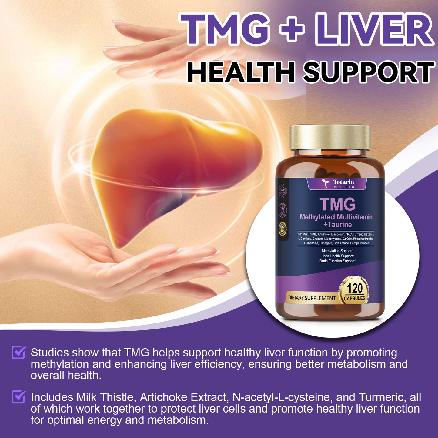 Totaria 750mg TMG Supplements (Trimethylglycine), Methylated Multivitamin for Women Men w/ B6, B12, B9, NAC, L-Taurine, Choline, for Methylation, Liver, Homocysteine Levels, Brain, 120 Vegan Capsules