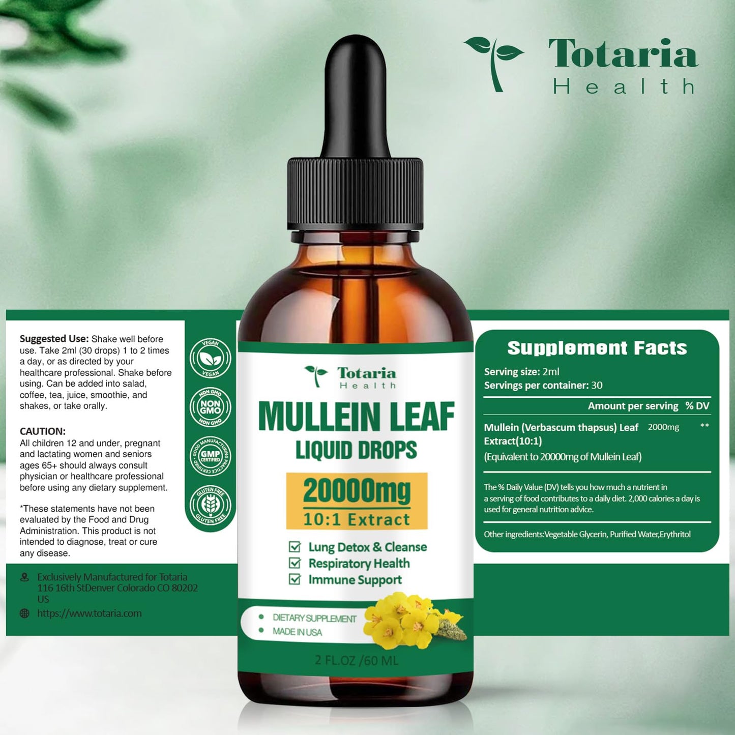 Mullein Drops for Lungs - 98% Absorption Rate 20000mg Pure Mullein Leaf per Serving - Orangic Mullein for Lung Detox & Cleanse, Respiratory Health, Immunity - Alcohol Free, Natural & Vegan - 2 FL.OZ