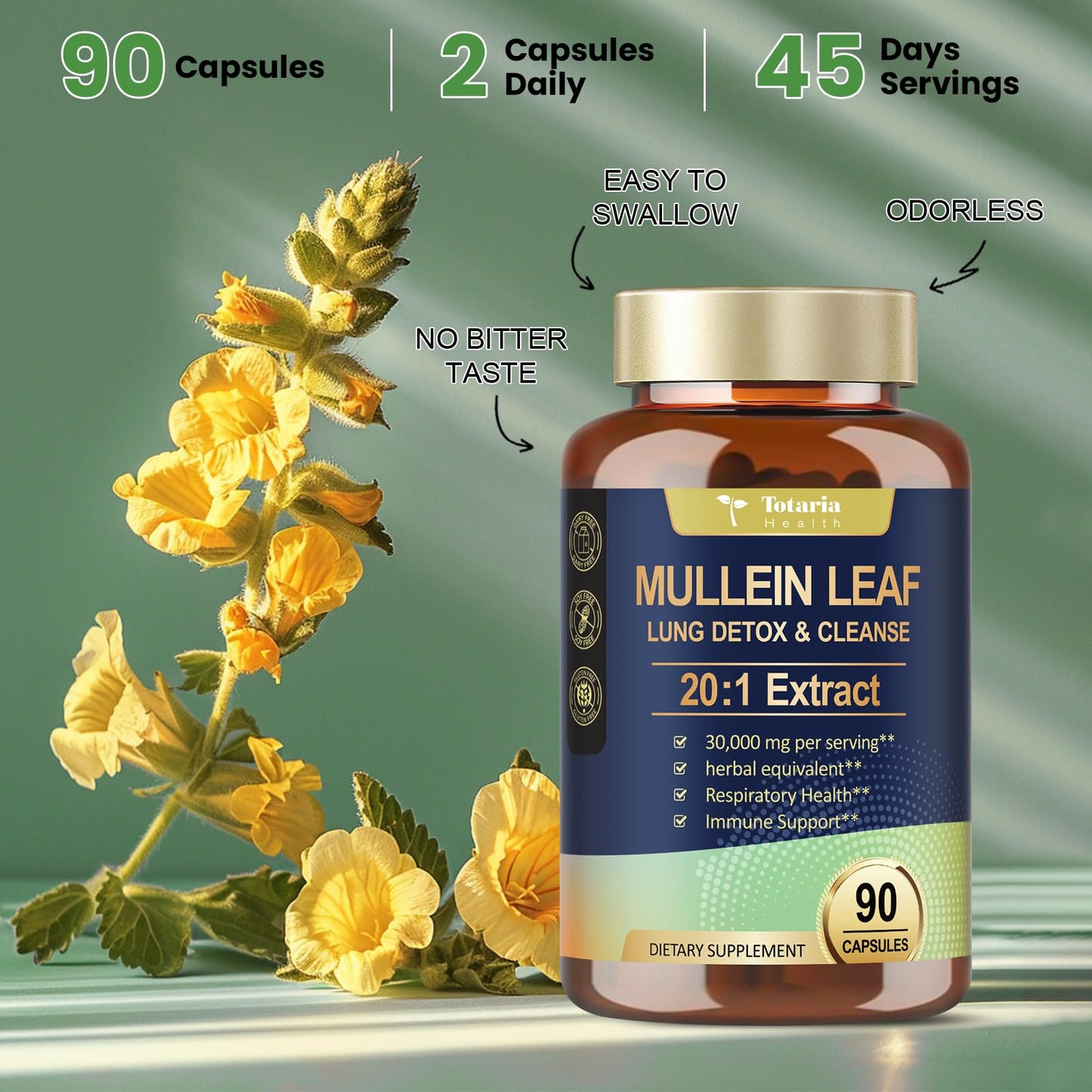 Mullein Leaf Extract for Lungs with 30000mg Mullein Leaf per Serving, Mullein Capsules with Calendula for Lung Detox & Cleanse, Herbal Supplements for Respiratory Health & Immunity - 90 Vegan Caps