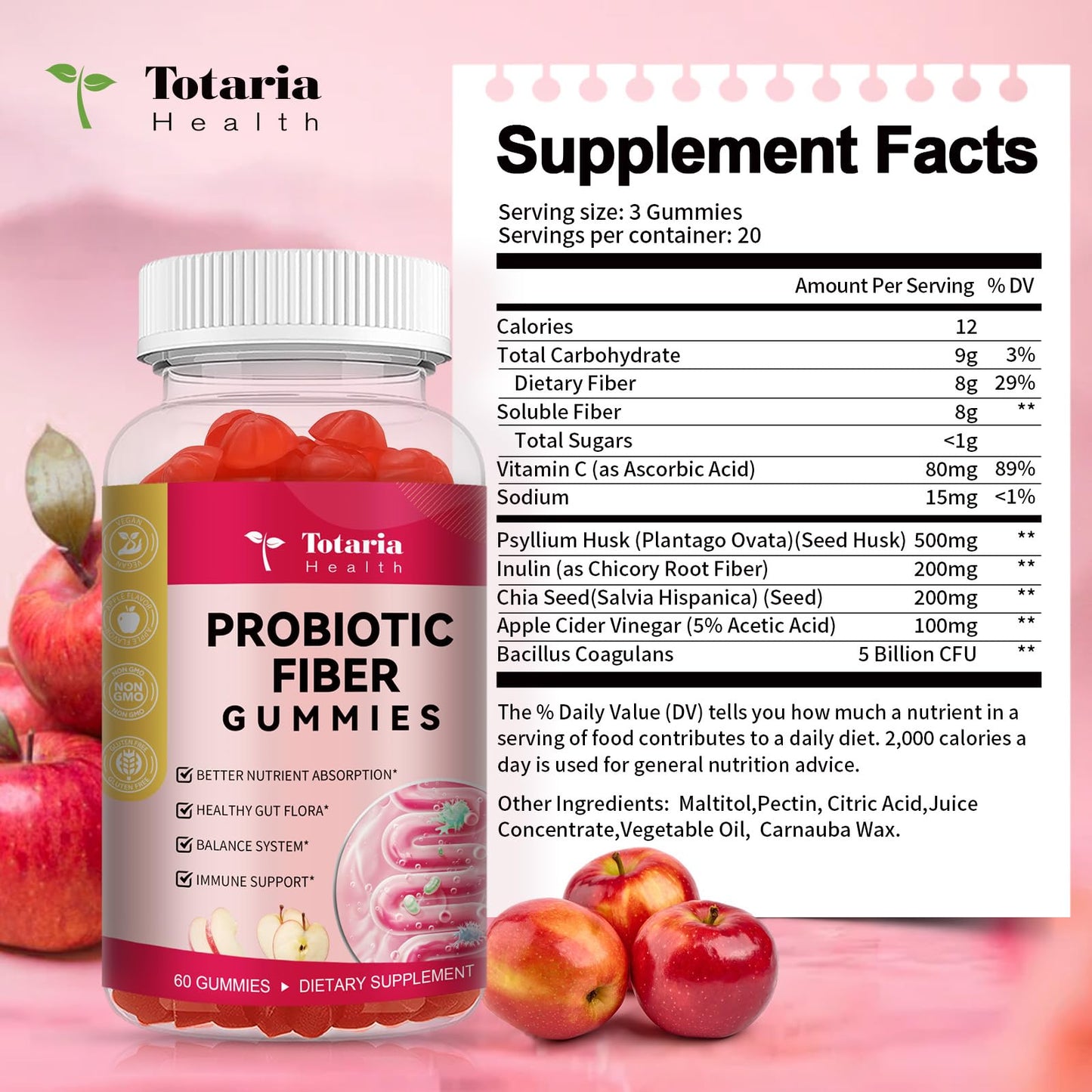 9-in-1 Probiotic Fiber Gummies for Adults & Teens 16G Fiber per Serving, Psyllium Fiber Supplement with 5 Billion CFU Bacillus Coagulans, Inulin, ACV for Digestive, Gut & Immune Wellness - 60 Gummies