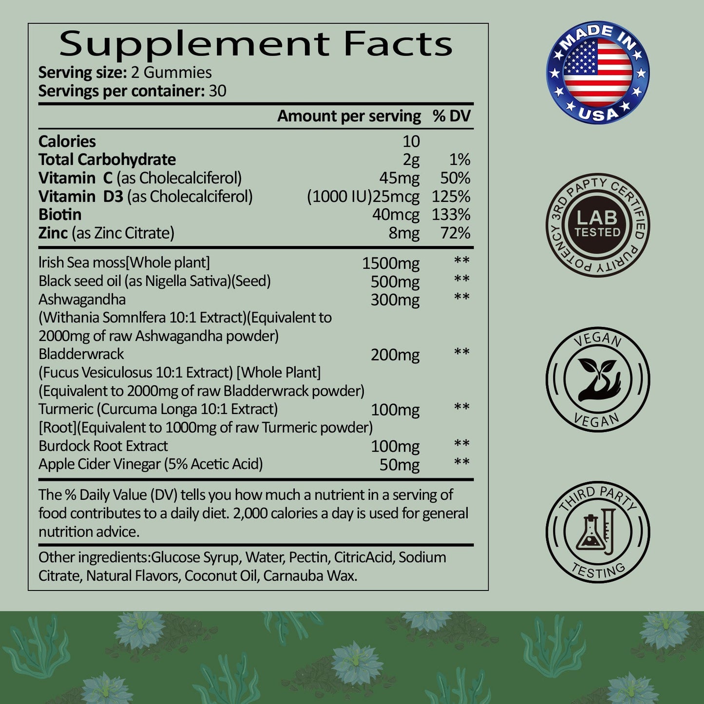 Sea Moss Black Seed Oil Gummies Extracts from Irish Seamoss Whole Plant Advanced with Black Seed Oil, Ashwagandha Burdock Root Turmeric Bladderwrack - Support Immune, Joints, Digestion, Hair & Skin