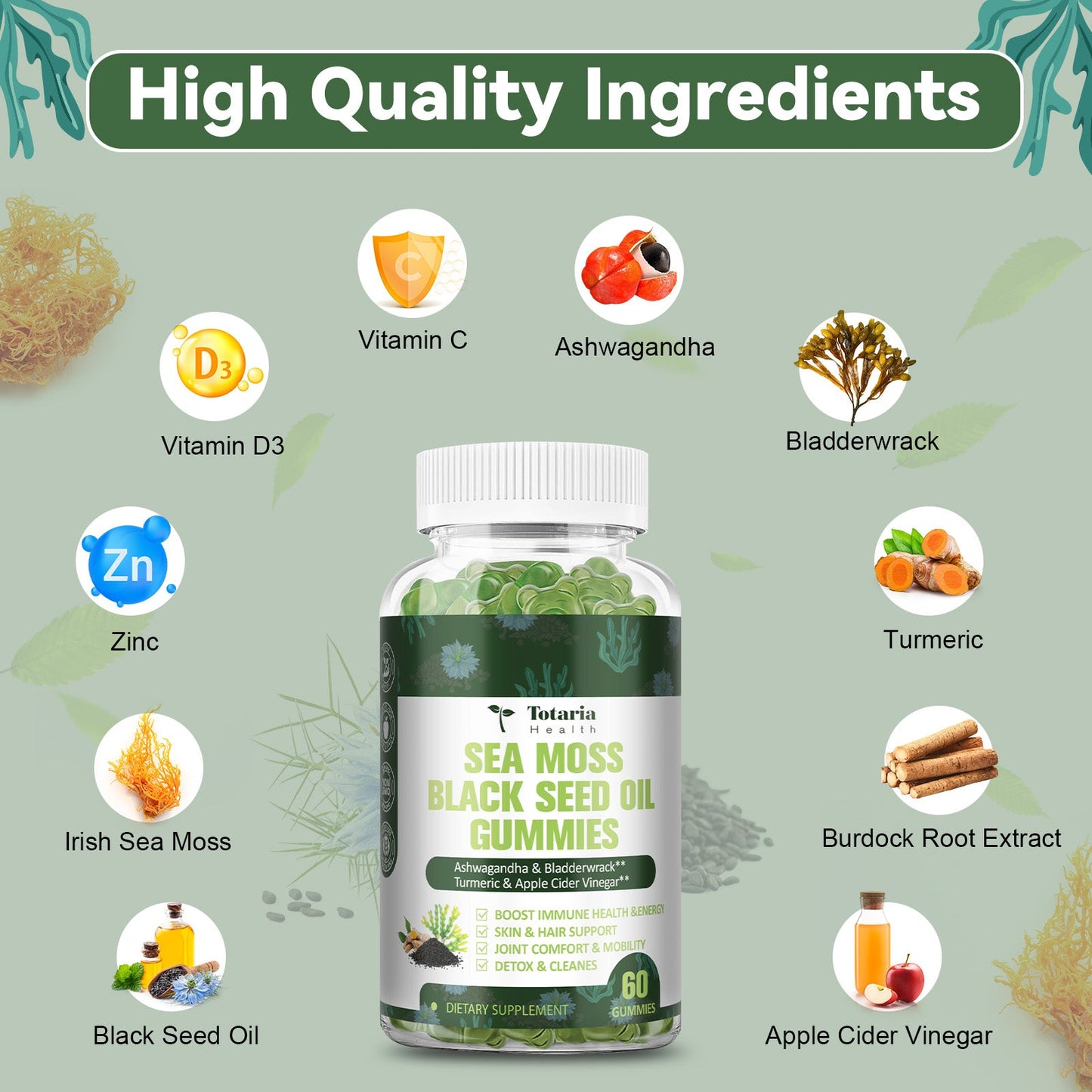 Sea Moss Black Seed Oil Gummies Extracts from Irish Seamoss Whole Plant Advanced with Black Seed Oil, Ashwagandha Burdock Root Turmeric Bladderwrack - Support Immune, Joints, Digestion, Hair & Skin