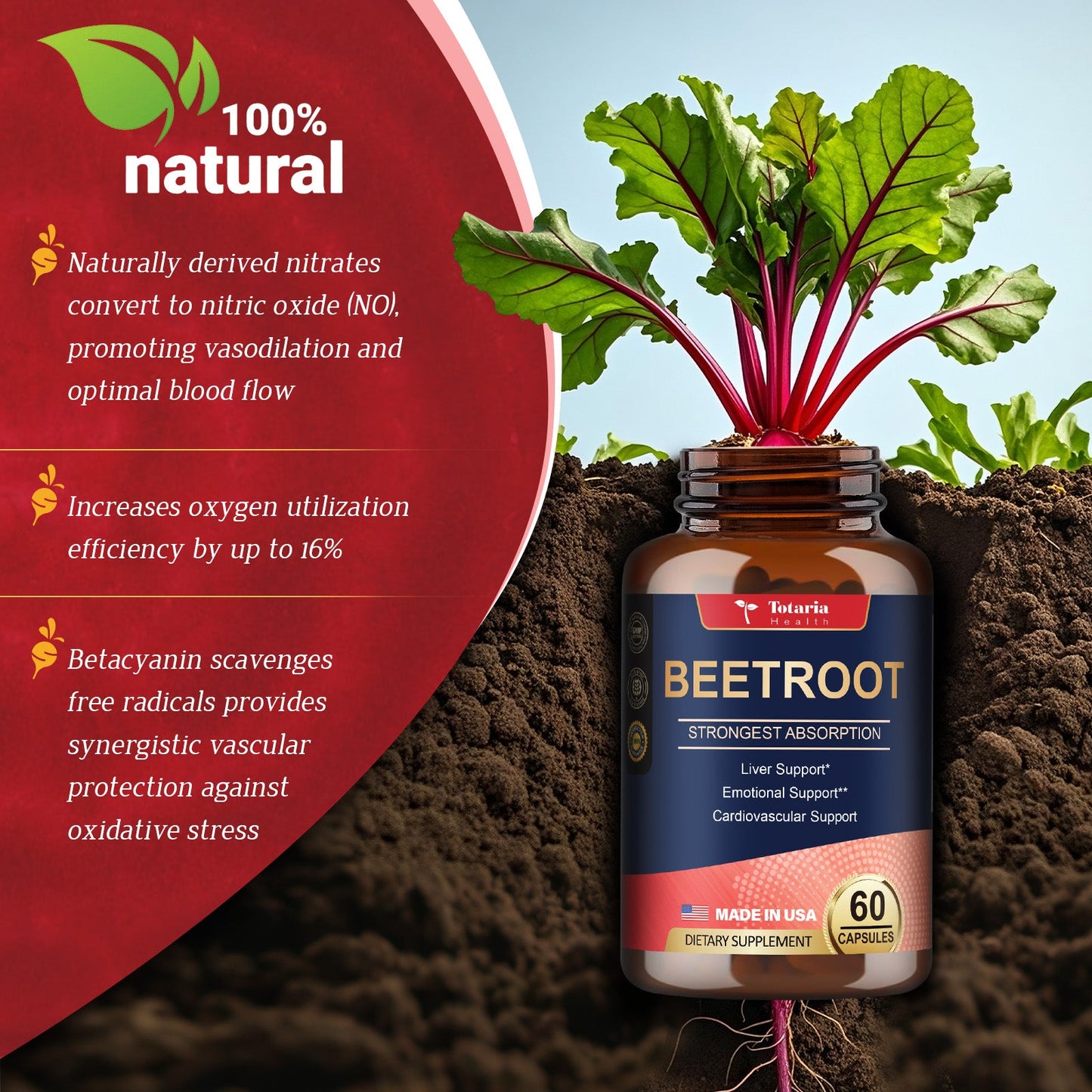Organic Beet Root Capsules – 1300mg Beetroot Powder for Natural Energy & Endurance, Liver, Mood & Heart Support, Non-GMO, GMP Certified, High Absorption | 60 Vegan Capsules