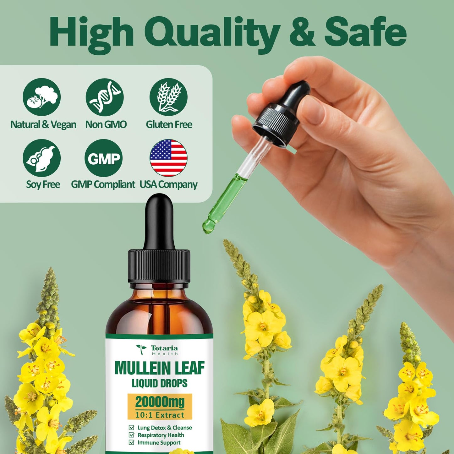 Mullein Drops for Lungs - 98% Absorption Rate 20000mg Pure Mullein Leaf per Serving - Orangic Mullein for Lung Detox & Cleanse, Respiratory Health, Immunity - Alcohol Free, Natural & Vegan - 2 FL.OZ