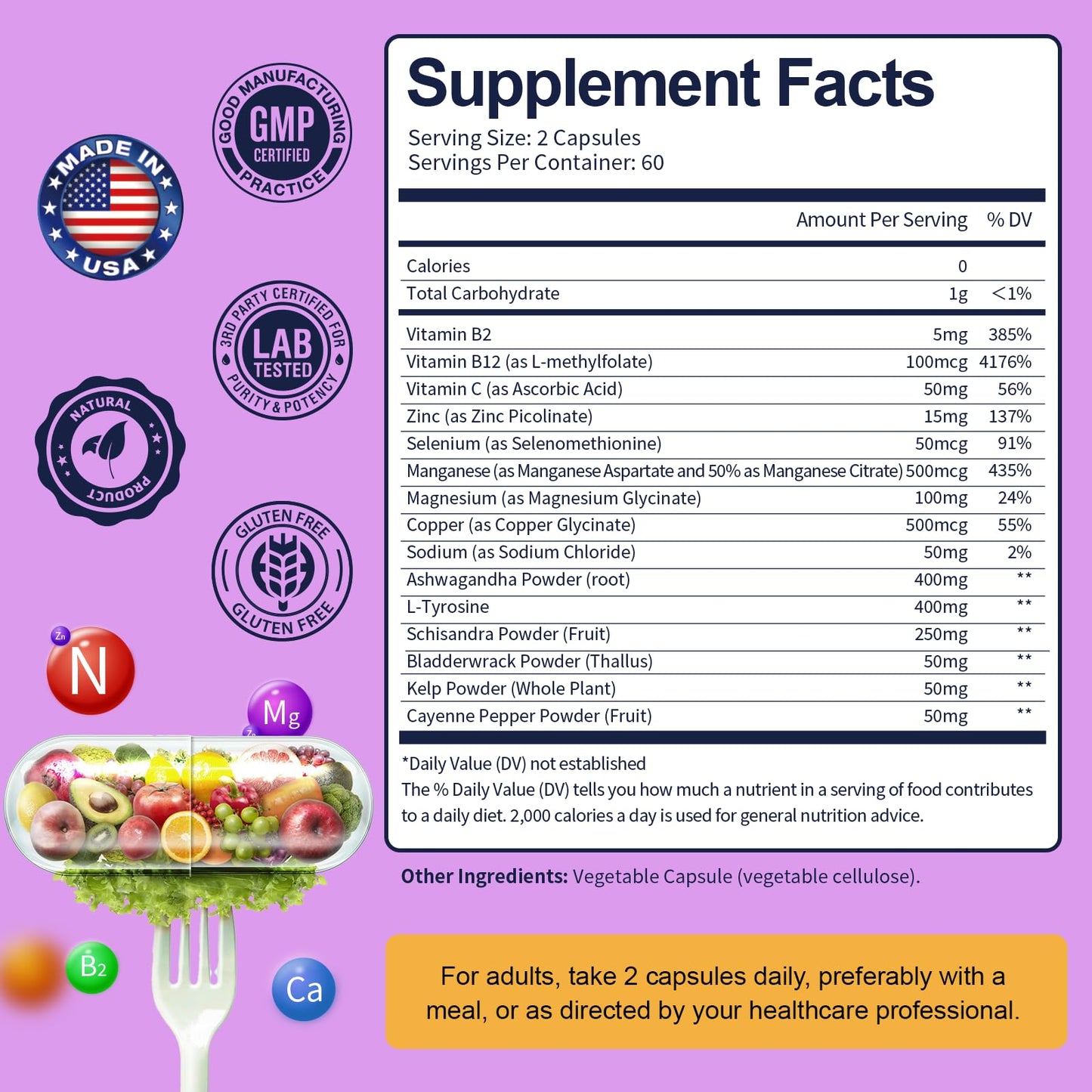 Thyroid Support Supplement Complex Capsules - Iodine Thyroid Supplement with L Tyrosine Bladderwrack Kelp Ashwagandha Selenium Supplements for Women & Man - Mood Enhancer Energy Blance Thyroid Level