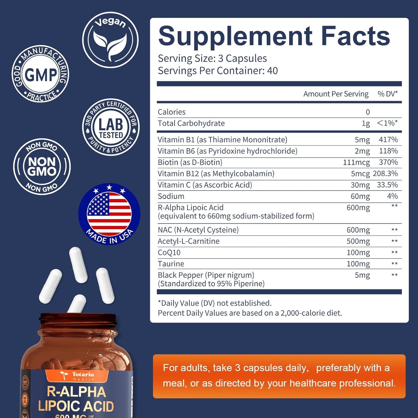 R Alpha Lipoic Acid 600mg - ALA Supplement Capsules for Neuropathy Support Supplement Antioxidant, Nerve Health, Liver Detox, Metabolism and Cell Energy, Anti-Aging, Non-GMO, Gluten Free, Vegan Safe