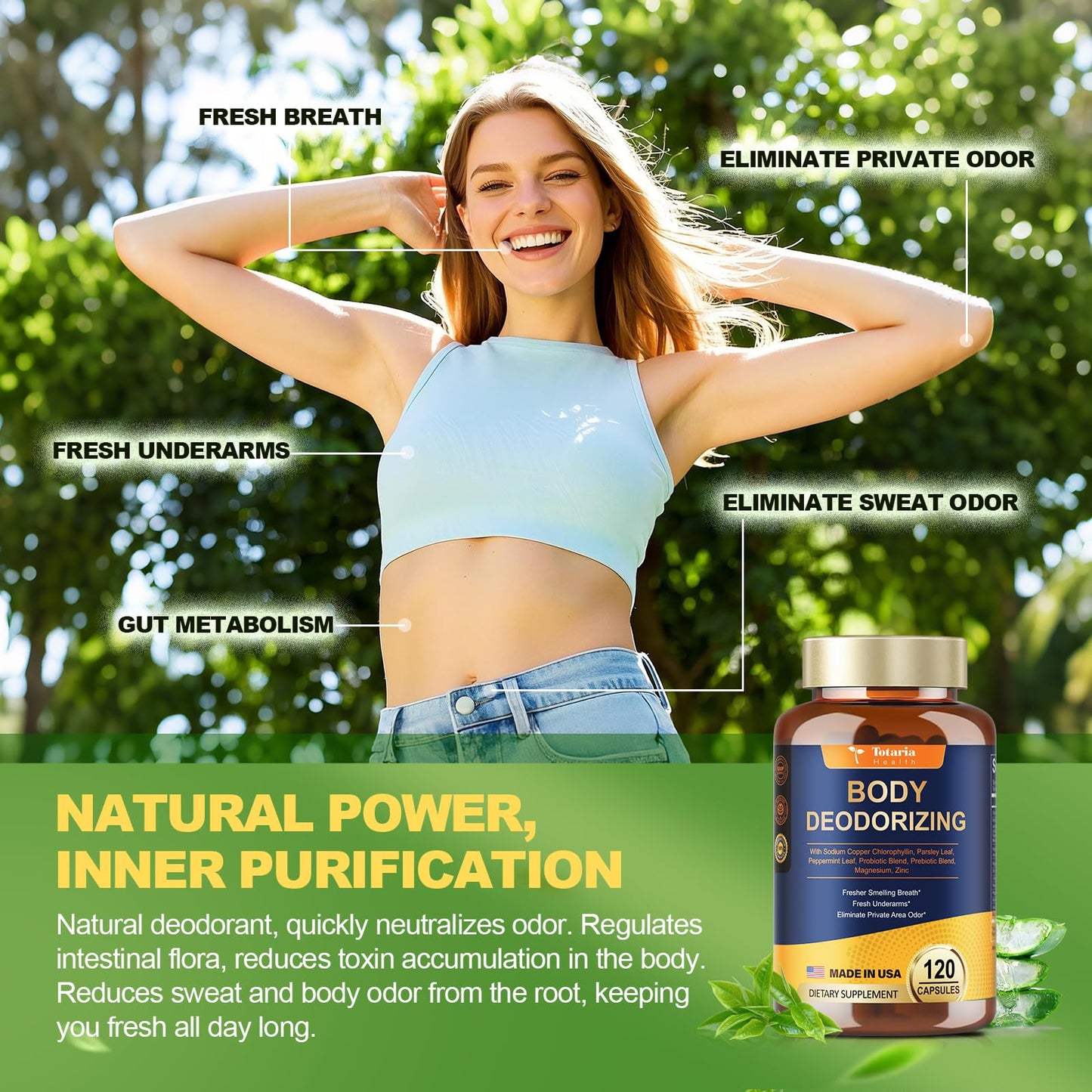 Body Deodorizing Supplement - Chlorophyll Body Deodorizing Capsules with Probiotic & Prebiotic, Magnesium, Zinc, L-Glutamine Deodorant Supplements, 120 Count