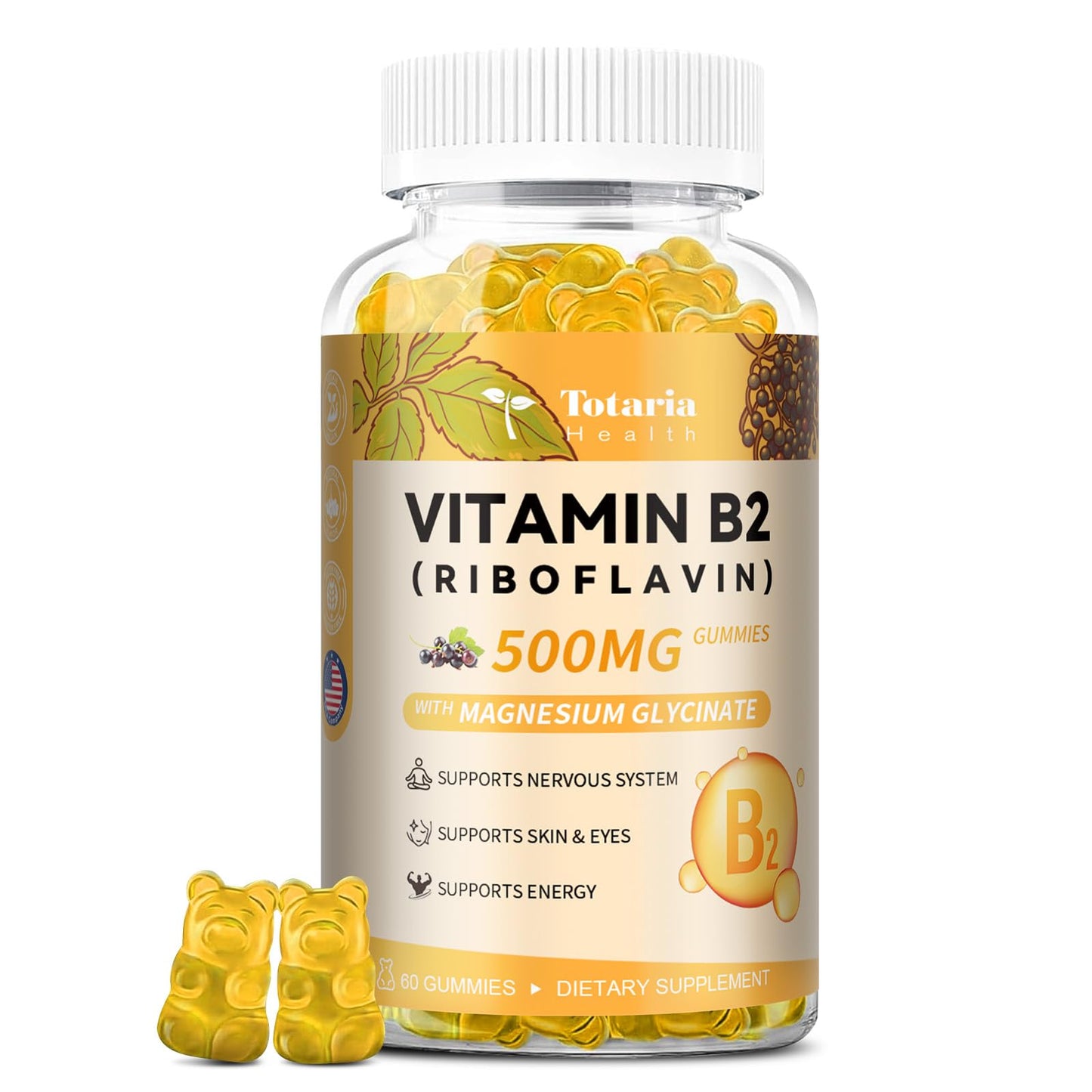 Totaria Vitamin B2 Gummies, Riboflavin 500mg Supplement for Kids & Adults with Magnesium Glycinate & Elderberry, Energy, Skin & Nervous System Support, Vegan, Sugar Free, 60 Chewable Gummies