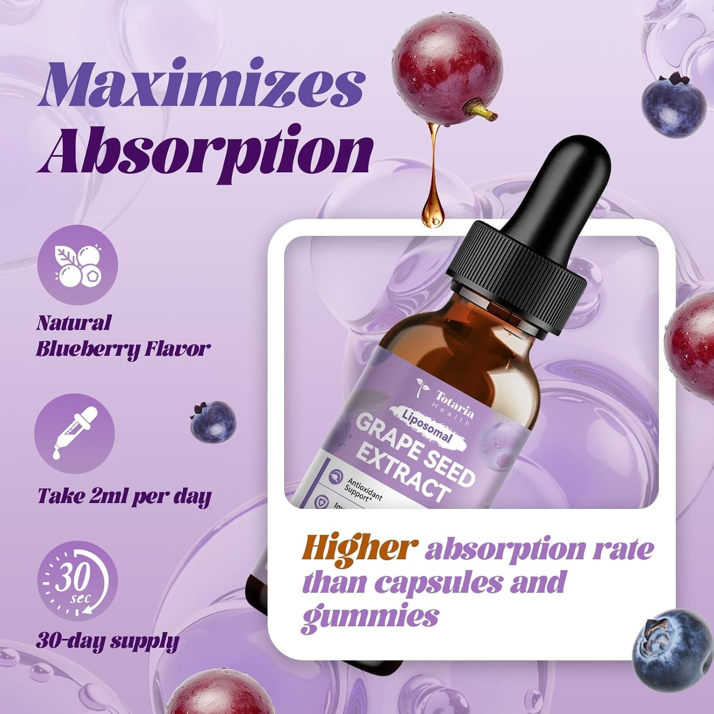 Grape Seed Extract Liquid Drops | High Potency 95% Polyphenols Antioxidant Supplement for Skin, Heart & Immune Support | Vegan, Gluten Free | Alcohol-Free & Non-GMO | 2FL