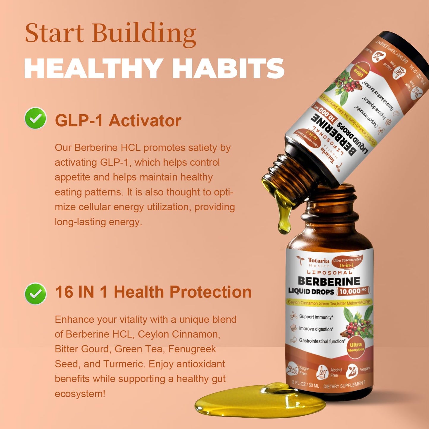 Liposomal Berberine HCl Supplement Activates AMPK & GLP-1, 10000mg (20:1 Extract) Liposomal Berberine with Green Tea, Ceylon Cinnamon Liquid Drops Supports Antioxidant, Digestive, Weight