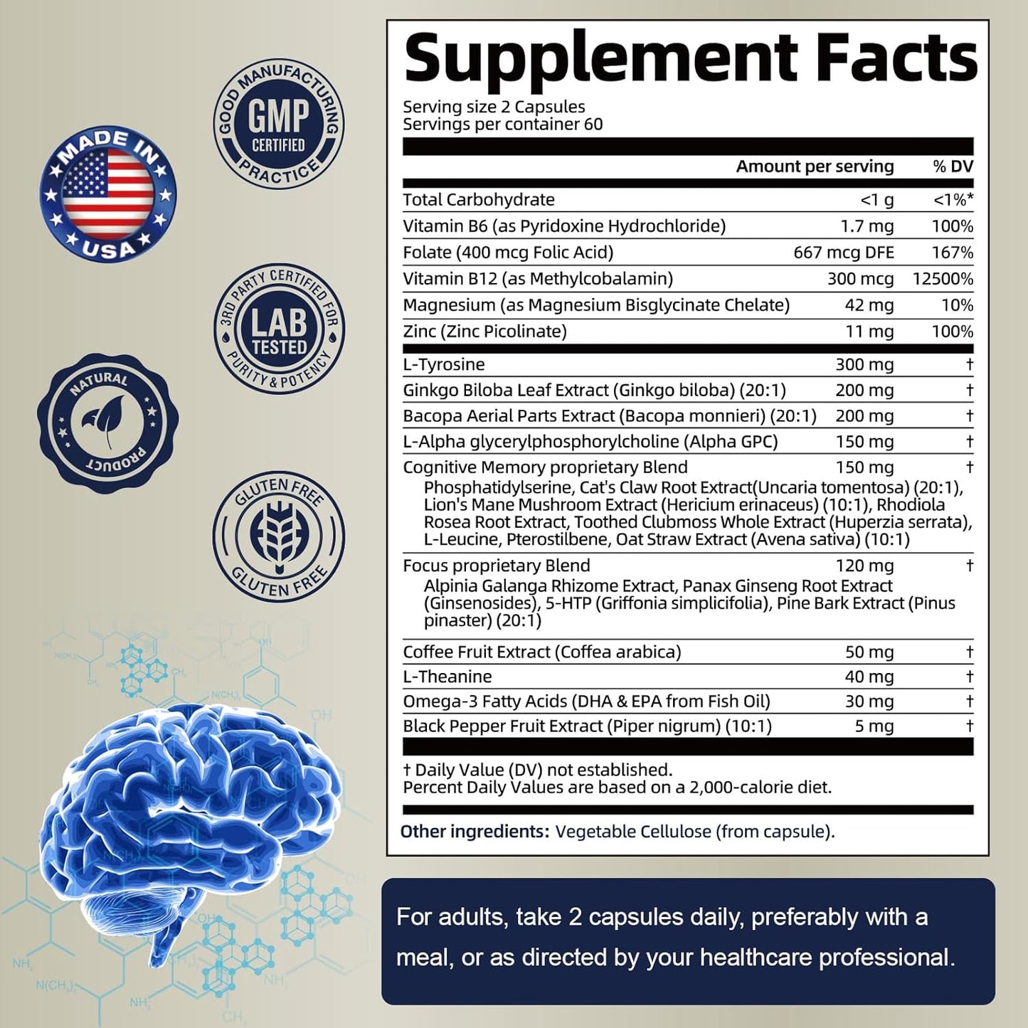 25 in 1 Brain Supplements for Memory and Focus & Neuro Health - Daily Brain Nootropic Cognitive Supplement with L-Tyrosine, Bacopa Monnieri, Ginkgo Biloba, Alpha GPC - Non-GMO, Gluten Free, Vegan