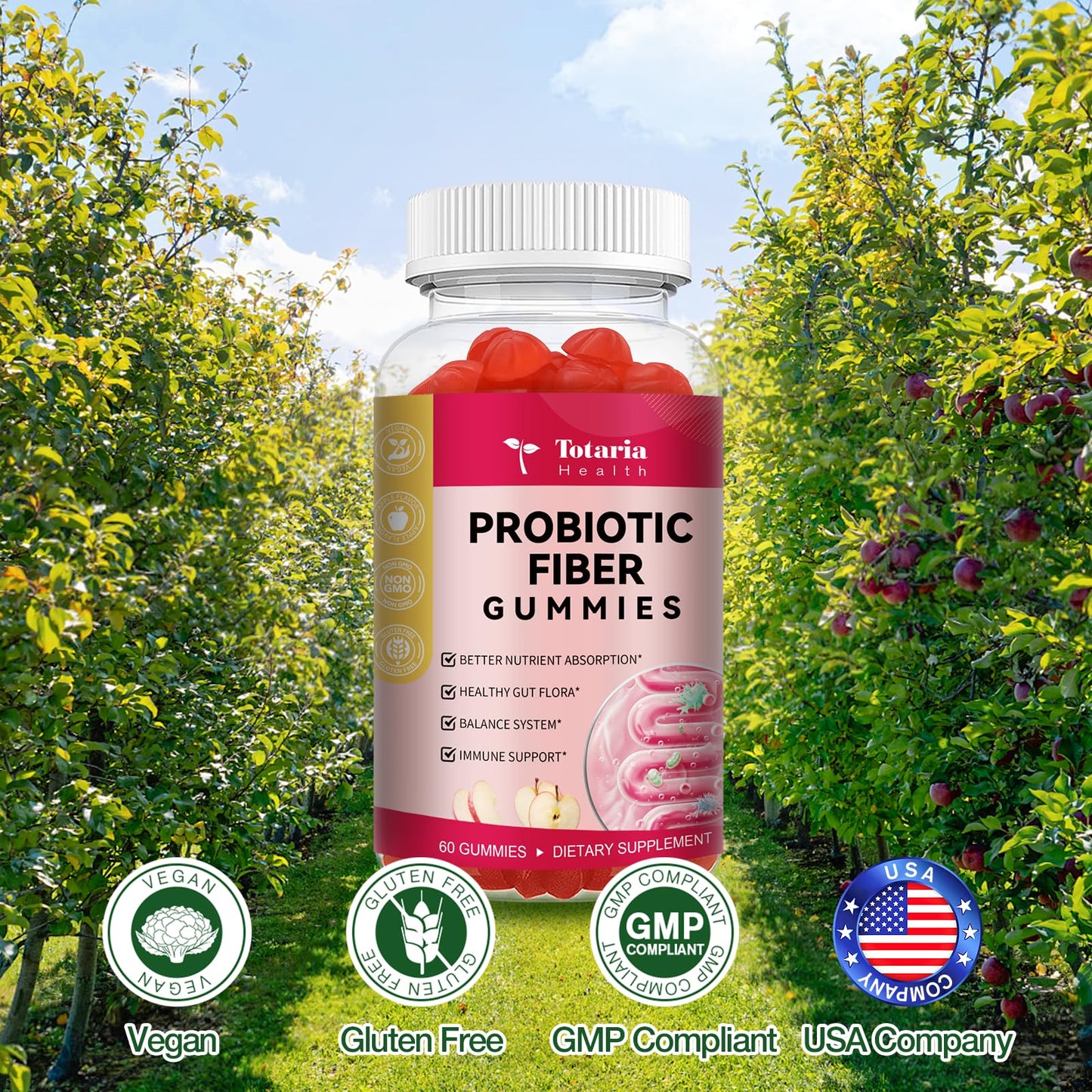 9-in-1 Probiotic Fiber Gummies for Adults & Teens 16G Fiber per Serving, Psyllium Fiber Supplement with 5 Billion CFU Bacillus Coagulans, Inulin, ACV for Digestive, Gut & Immune Wellness - 60 Gummies