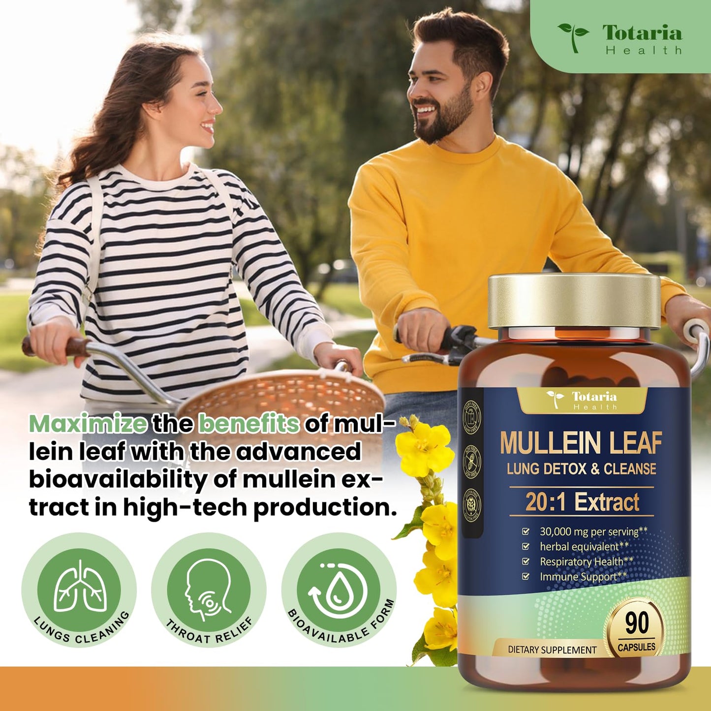 Mullein Leaf Extract for Lungs with 30000mg Mullein Leaf per Serving, Mullein Capsules with Calendula for Lung Detox & Cleanse, Herbal Supplements for Respiratory Health & Immunity - 90 Vegan Caps