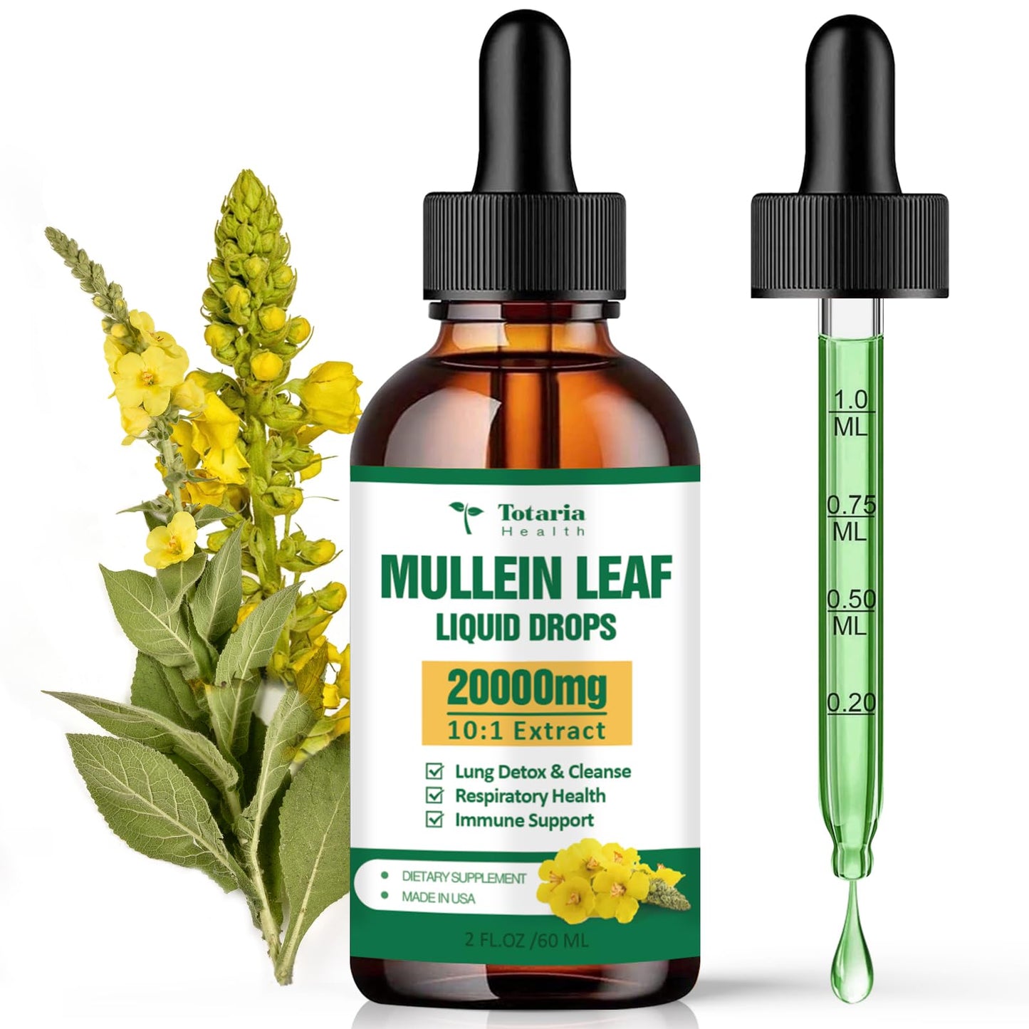Mullein Drops for Lungs - 98% Absorption Rate 20000mg Pure Mullein Leaf per Serving - Orangic Mullein for Lung Detox & Cleanse, Respiratory Health, Immunity - Alcohol Free, Natural & Vegan - 2 FL.OZ