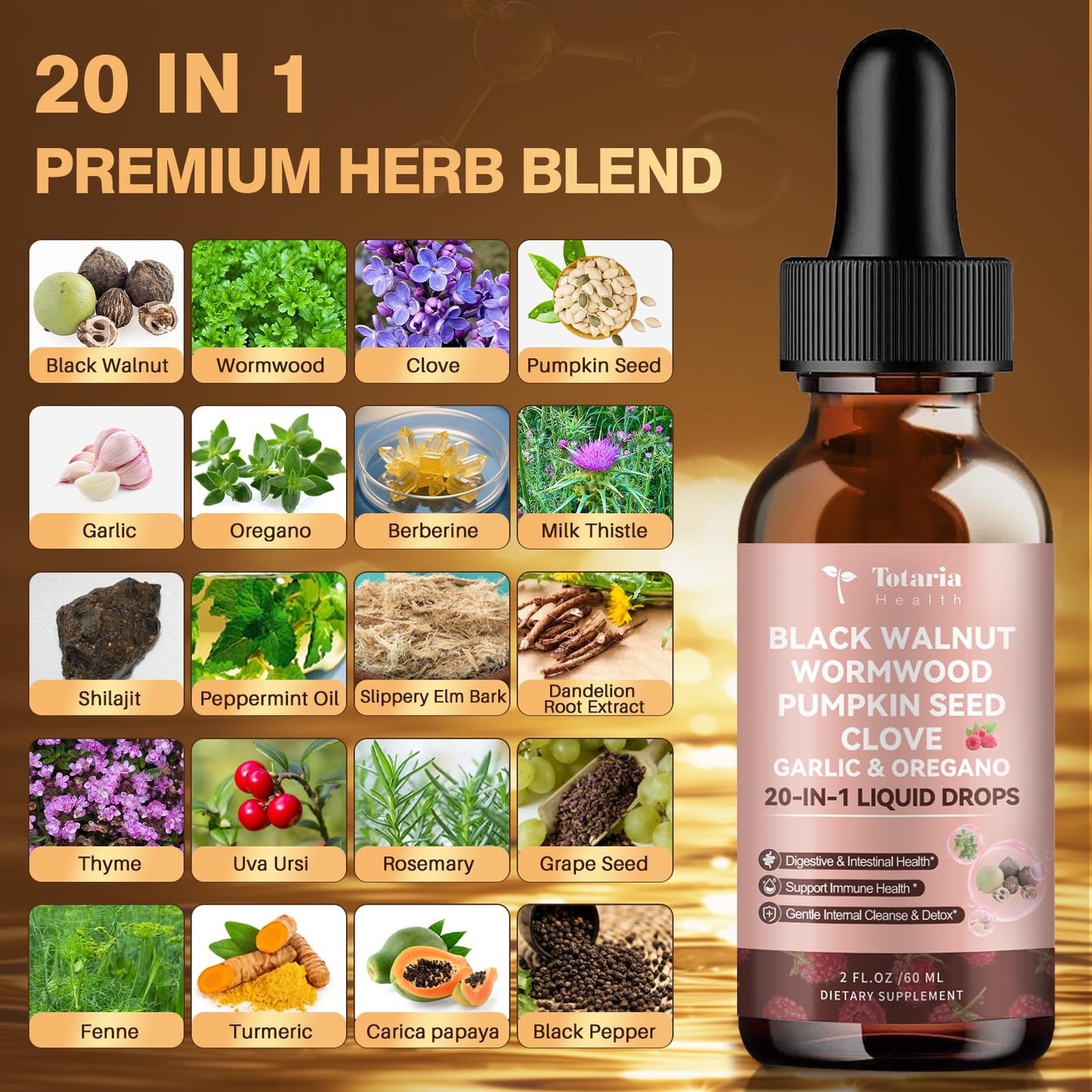 20 in 1 Black Walnut Wormwood Tincture - Clove,Pumpkin Seed,Garlic,Oregano,Berberine - Gentle Gut Cleanse & Digestive Health - Alcohol-Free,Gut-Friendly -Raspberry Flavor - 2FL