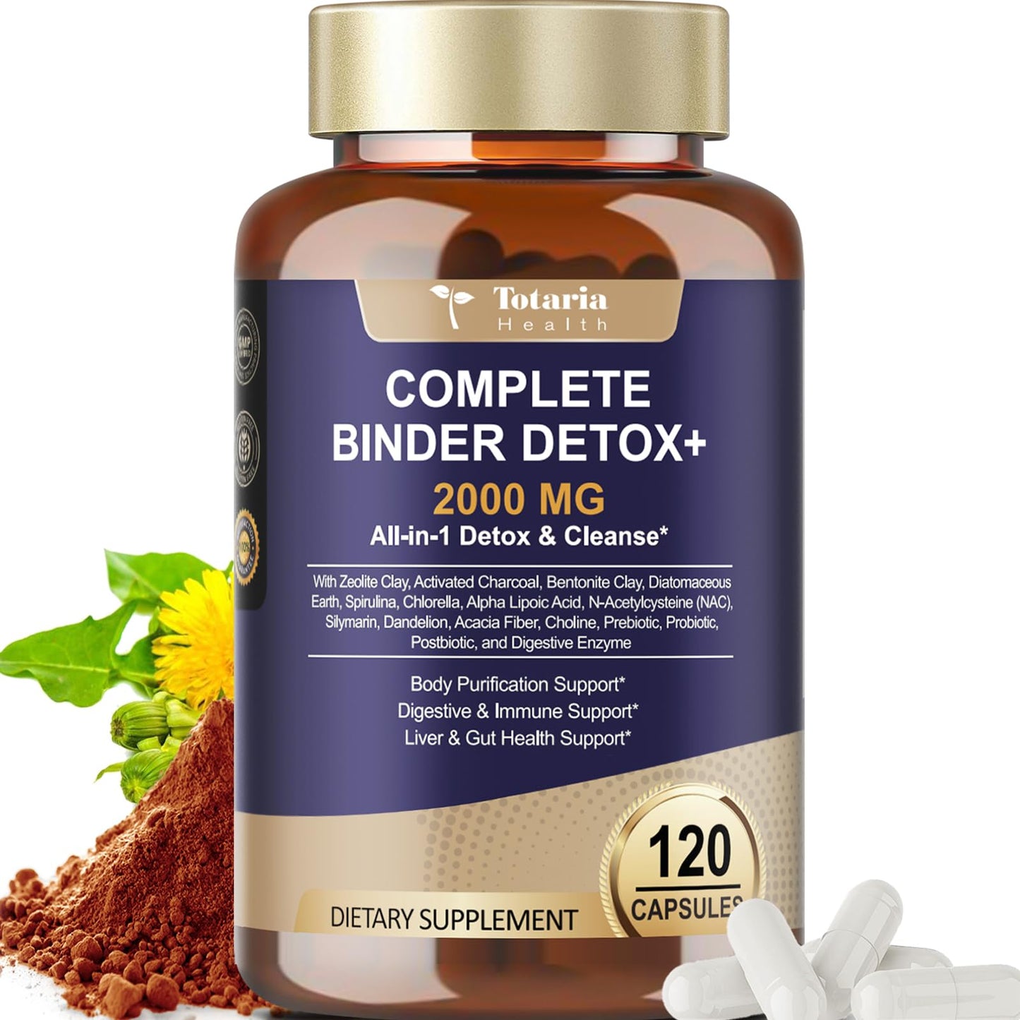 2000MG Complete Binder Detox+ Activated Charcoal, Zeolite, Bentonite Clay, NAC, Milk Thistle, Probiotic, All-in-1 Detox & Cleanse Supplement, Liver & Gut Support, 120 Capsules