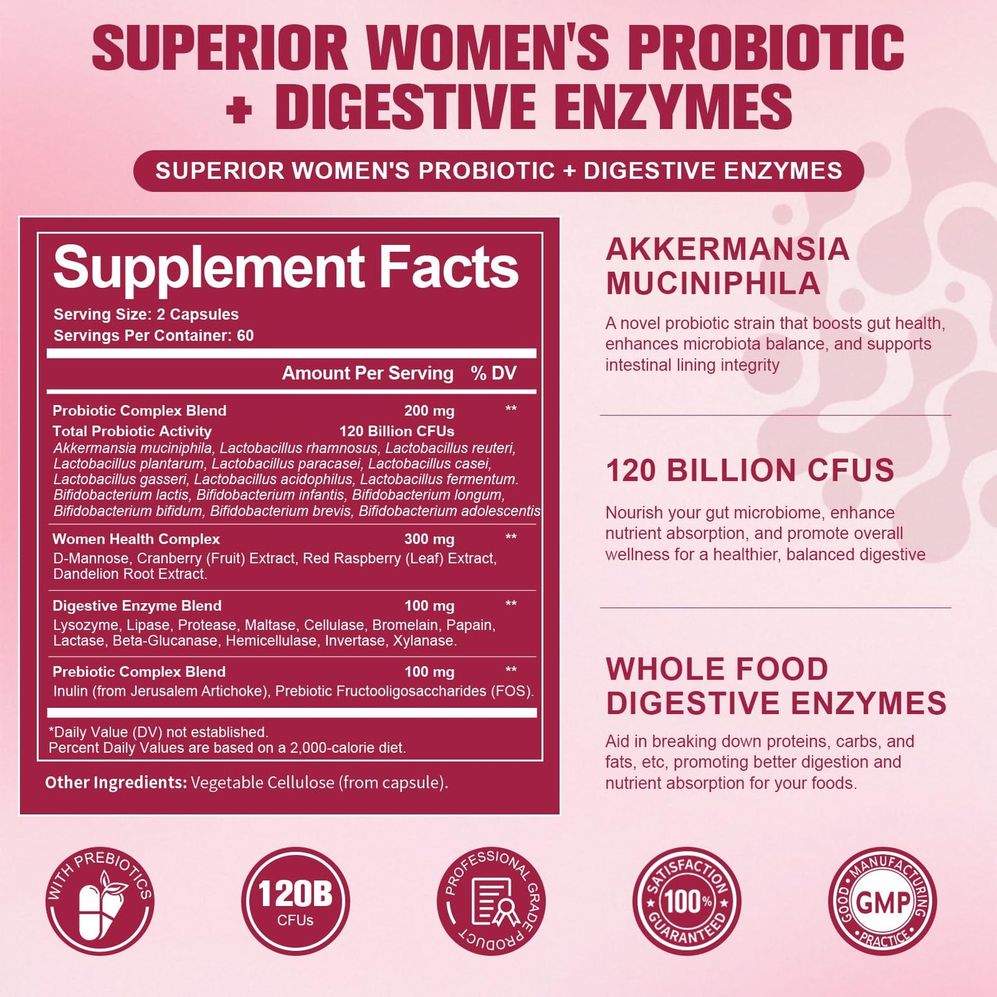 Probiotics for Women, 120 Billion Women Probiotic, Digestive Enzymes & Prebiotics, with Akkermansia, Cranberry, D-Mannose, for Gut, Vaginal, Urinary, Immune, PH Balance, 120 Vegan