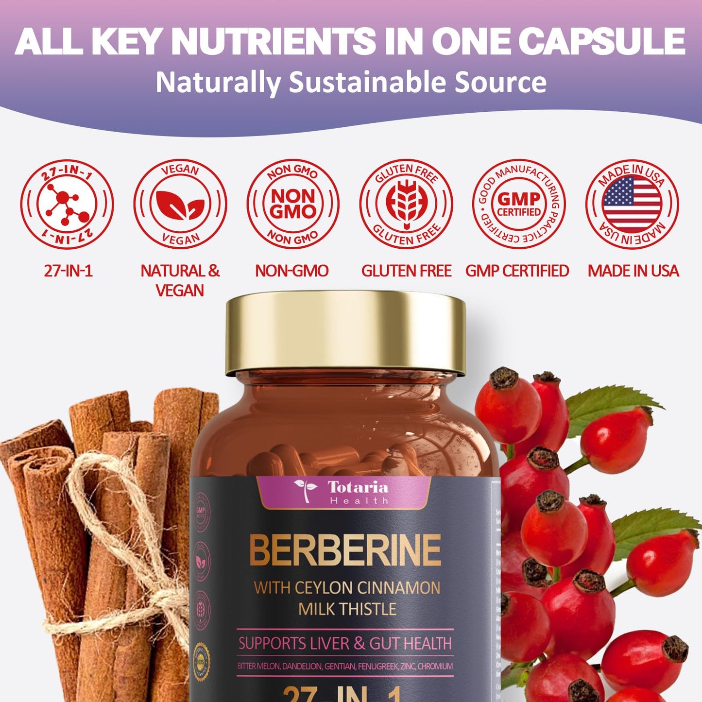 27-in-1 Berberine Supplement with Ceylon Cinnamon, Milk Thistle - Pure Berberine 6000mg - Berberine Plus for Immune, Better Figure, Liver & Gut Health, Vegan Supplements for Men & Women - 120 Caps
