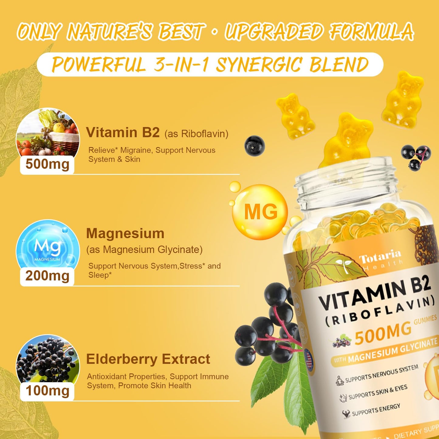 Totaria Vitamin B2 Gummies, Riboflavin 500mg Supplement for Kids & Adults with Magnesium Glycinate & Elderberry, Energy, Skin & Nervous System Support, Vegan, Sugar Free, 60 Chewable Gummies