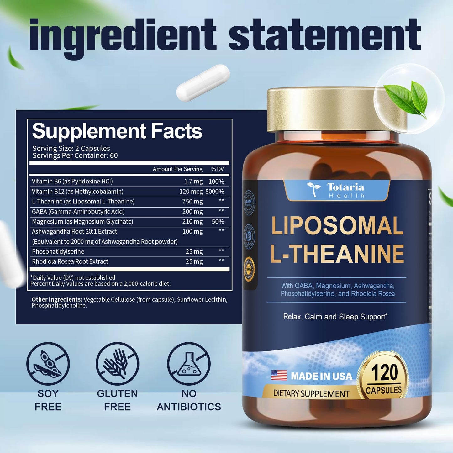 Liposomal L-Theanine Supplement 750mg with GABA,Ashwagandha,Magnesium Glycinate,Rhodiola Rosea,Phosphatidylserine Complex Supplements for Men and Women Mood |Focus | Sleep Support 120 Capsules
