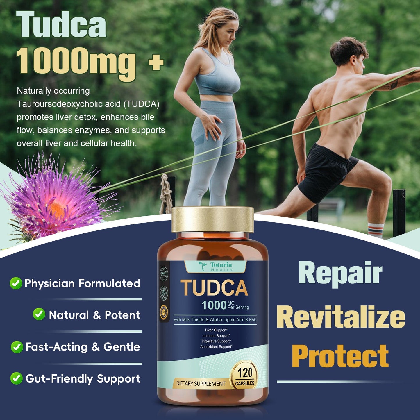 Totaria 15-in-1 TUDCA Liver Supplement 1000mg with Milk Thistle, ALA, NAC, Ultra Strength TUDCA (Tauroursodeoxycholic Acid) Bile Salts, Liver and Gallbladder Cleanse & Repair, Vegan, 120 Counts