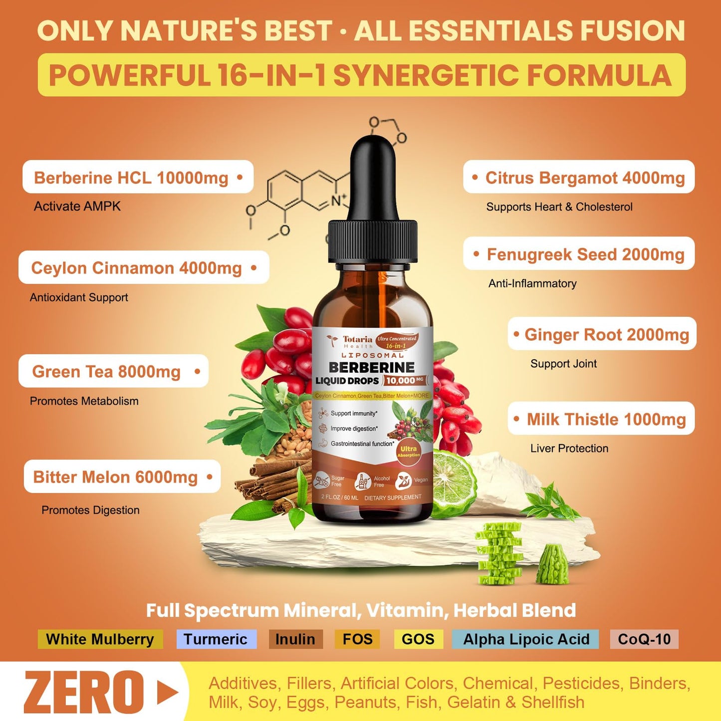 Liposomal Berberine HCl Supplement Activates AMPK & GLP-1, 10000mg (20:1 Extract) Liposomal Berberine with Green Tea, Ceylon Cinnamon Liquid Drops Supports Antioxidant, Digestive, Weight