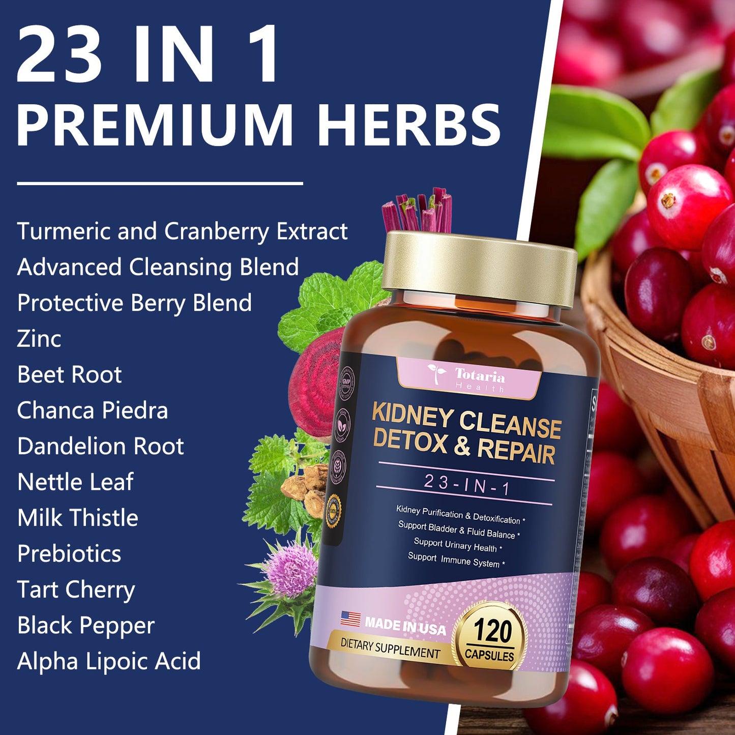Kidney Cleanse Detox & Repair Capsules 120 Counts, 23 IN 1 Kidney Support Supplement Extra Strength with Chanca Piedra, Cranberry Supports Liver & Kidney Function Stone Breaker Dissolve Bladder Health