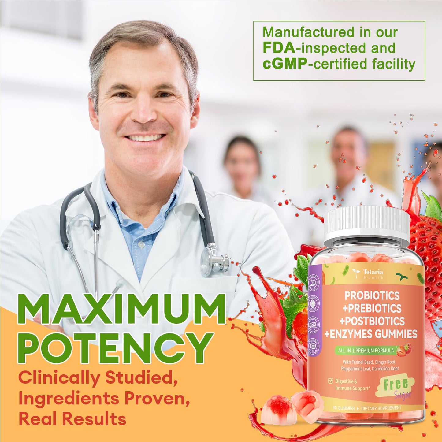Sugar Free 5-in-1 Probiotic Prebiotic Postbiotic Gummy, Probiotics for Women Men with Digestive Enzymes, Peppermint, Complete Immune, Gut & Digestive Support, Vegan, 60 Cts, Strawberry Flavor