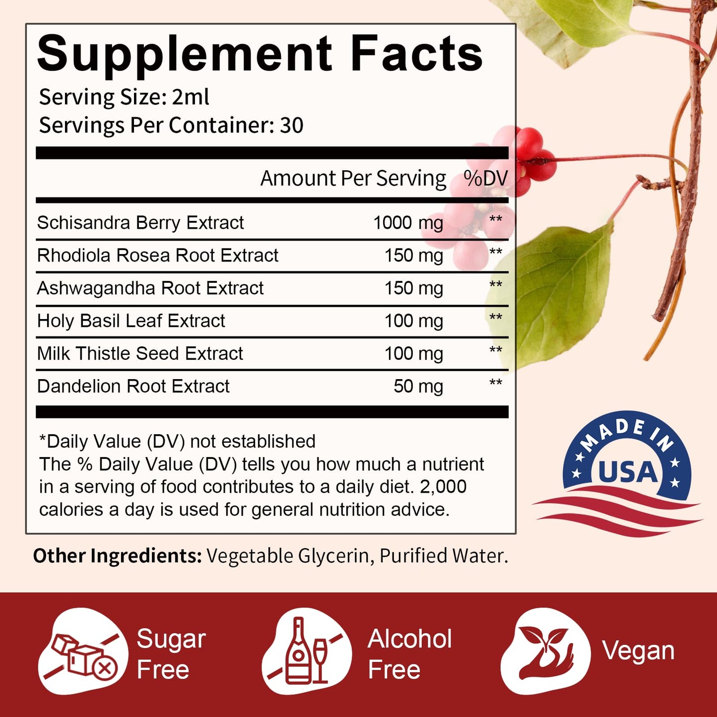 Schisandra Supplement 6-in-1 Schisandra Berry Drops with Rhodiola Rosea, Ashwagandha, Holy Basil, Milk Thistle, Dandelion Root Adaptogen for Mood Stress Liver Health 2Fl.Oz
