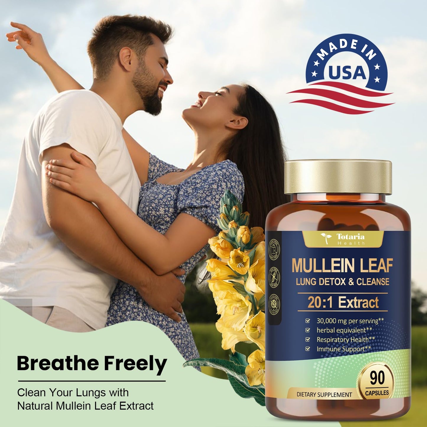 Mullein Leaf Extract for Lungs with 30000mg Mullein Leaf per Serving, Mullein Capsules with Calendula for Lung Detox & Cleanse, Herbal Supplements for Respiratory Health & Immunity - 90 Vegan Caps