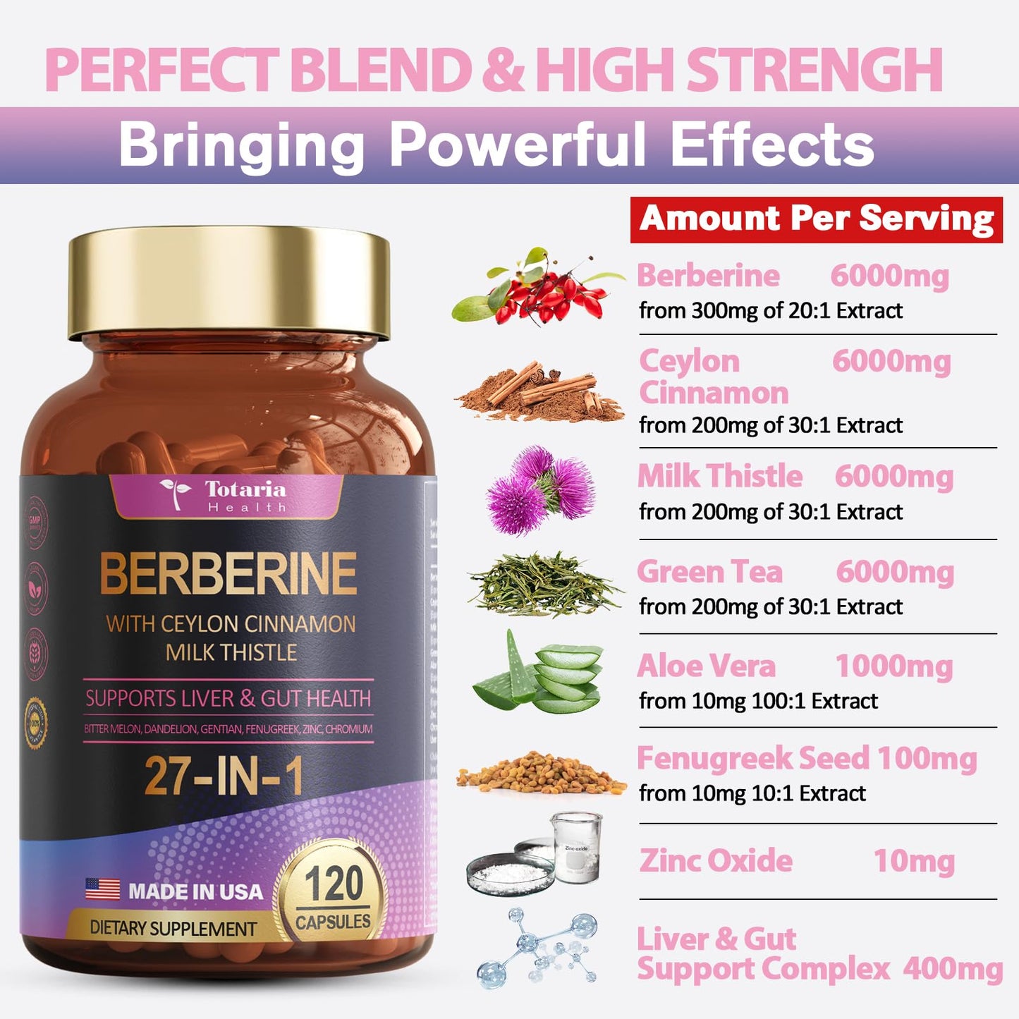 27-in-1 Berberine Supplement with Ceylon Cinnamon, Milk Thistle - Pure Berberine 6000mg - Berberine Plus for Immune, Better Figure, Liver & Gut Health, Vegan Supplements for Men & Women - 120 Caps