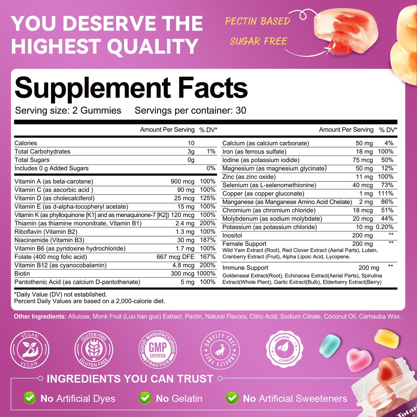 Sugar Free Multivitamin Gummies for Women 14+ w/Iron, Inositol, Folate, Biotin, Womens Daily Multivitamin Gummy w/Vitamin A, D, C, B, Support Hair, Skin, Energy, Immune