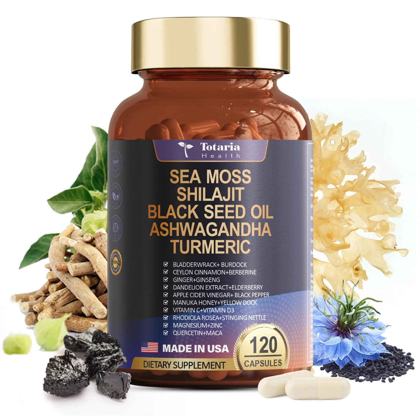 25-in-1Sea Moss Black Seed Oil Ashwagandha Ginger Shilajit Supplement 18525mg, Sea Moss Capsules with Bladder Burdock Ceylon Cinnamon Berberine ACV Manuka VIT C&D3 for Immune, Gut & Energy, 120 Caps