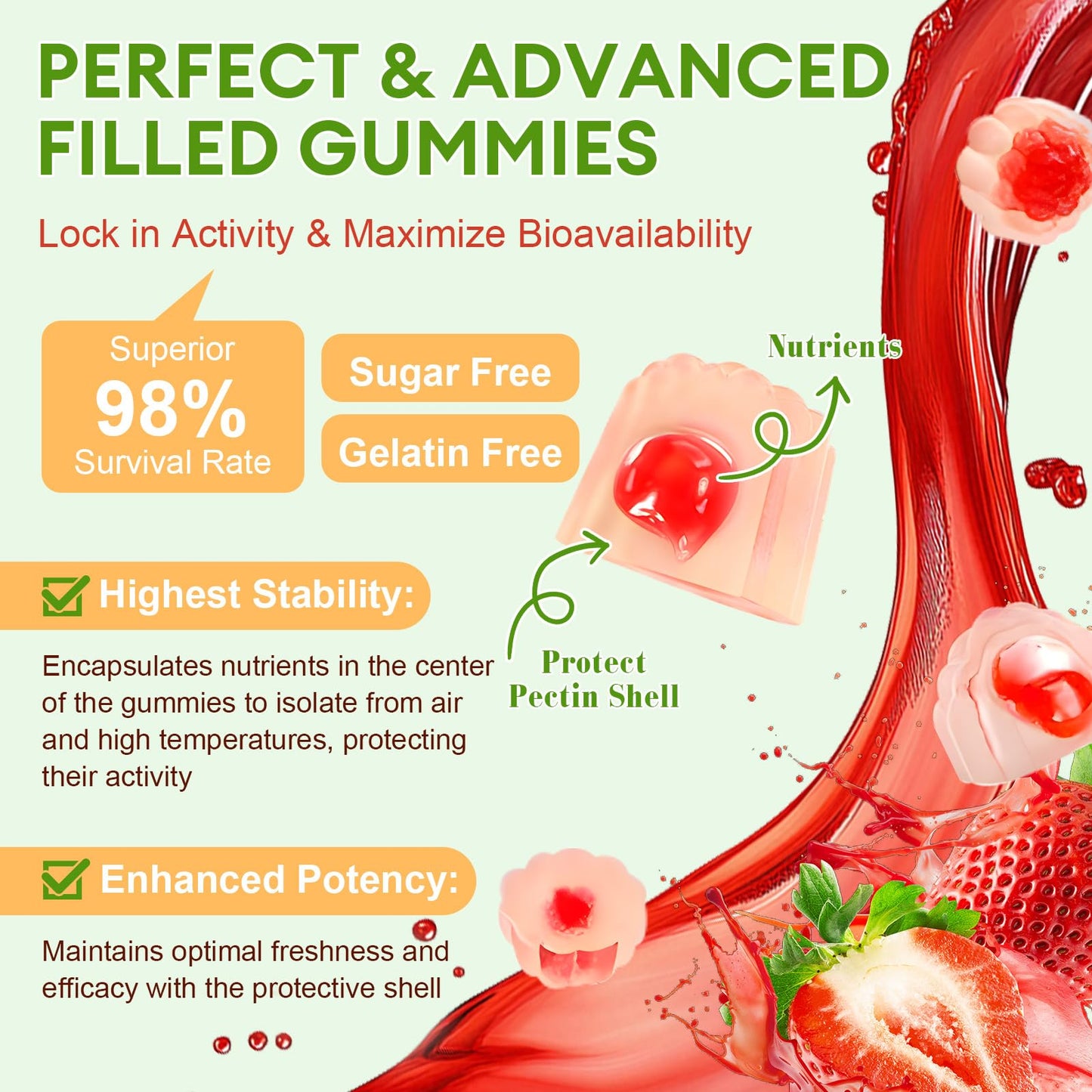 Sugar Free 5-in-1 Probiotic Prebiotic Postbiotic Gummy, Probiotics for Women Men with Digestive Enzymes, Peppermint, Complete Immune, Gut & Digestive Support, Vegan, 60 Cts, Strawberry Flavor